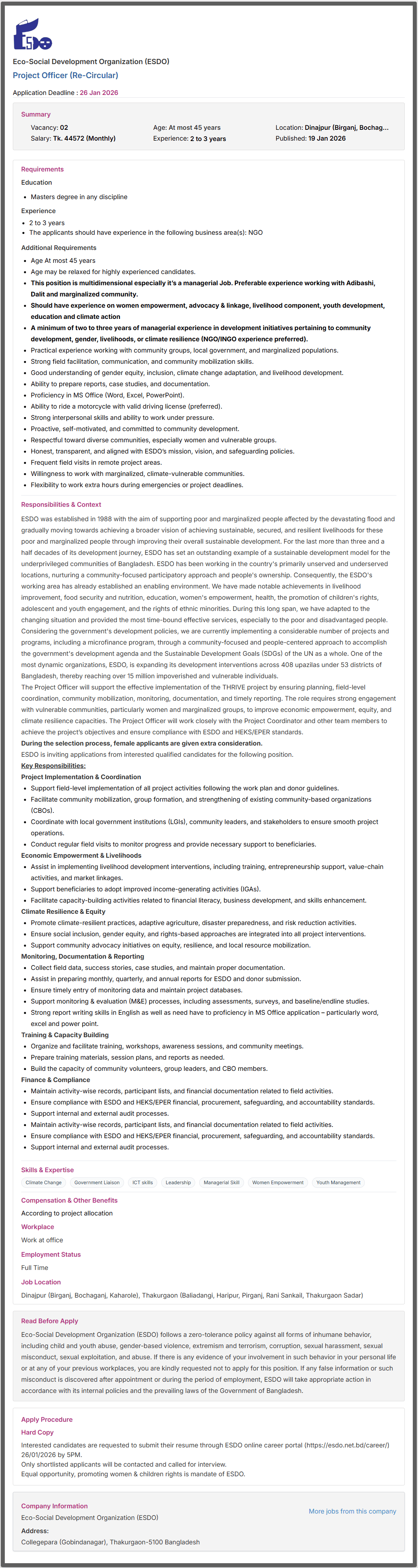 ESDO Job Circular 2026