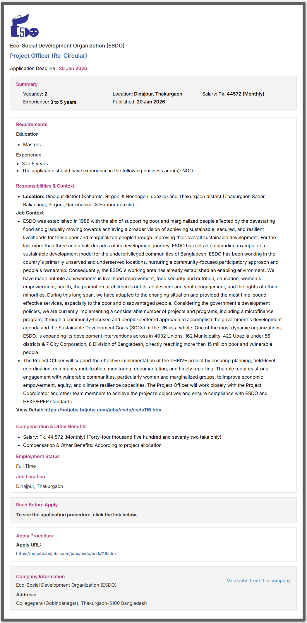 ESDO Job Circular 2026