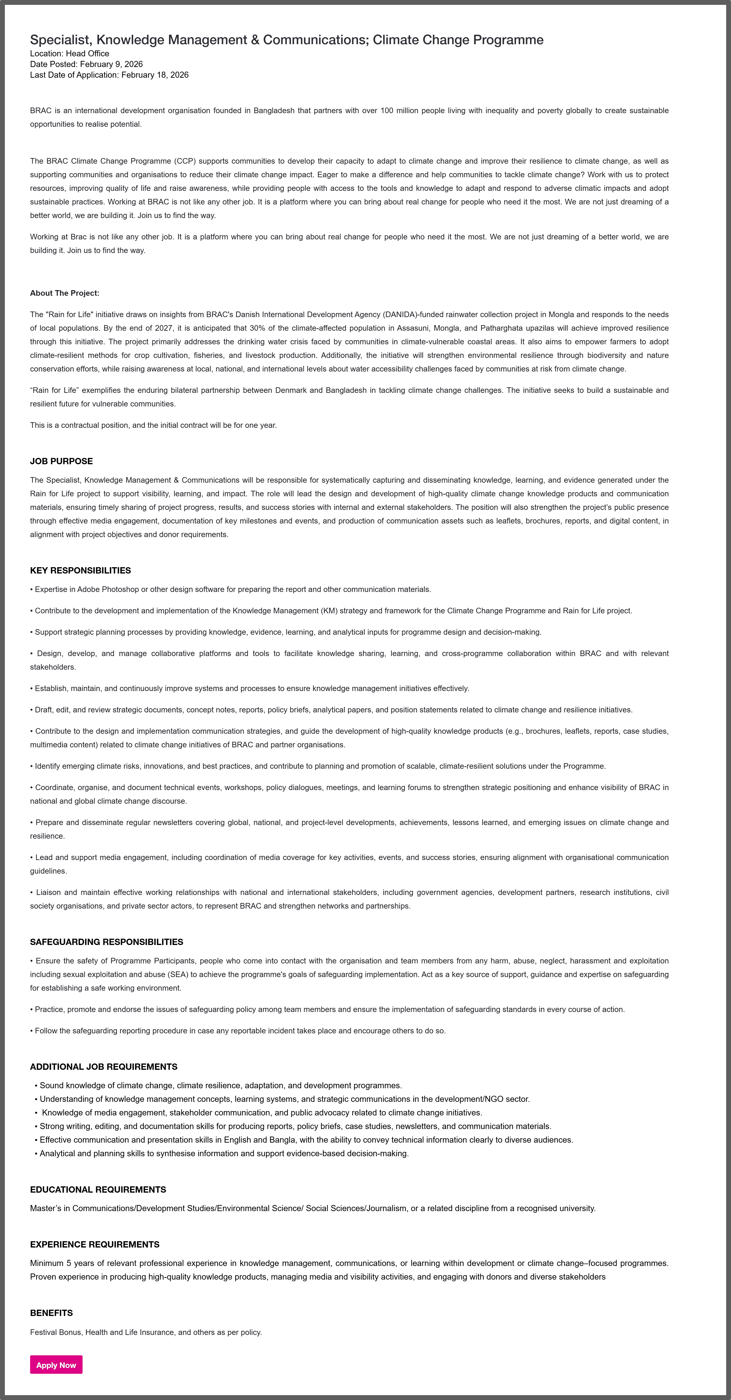 BRAC NGO Job Circular 2026