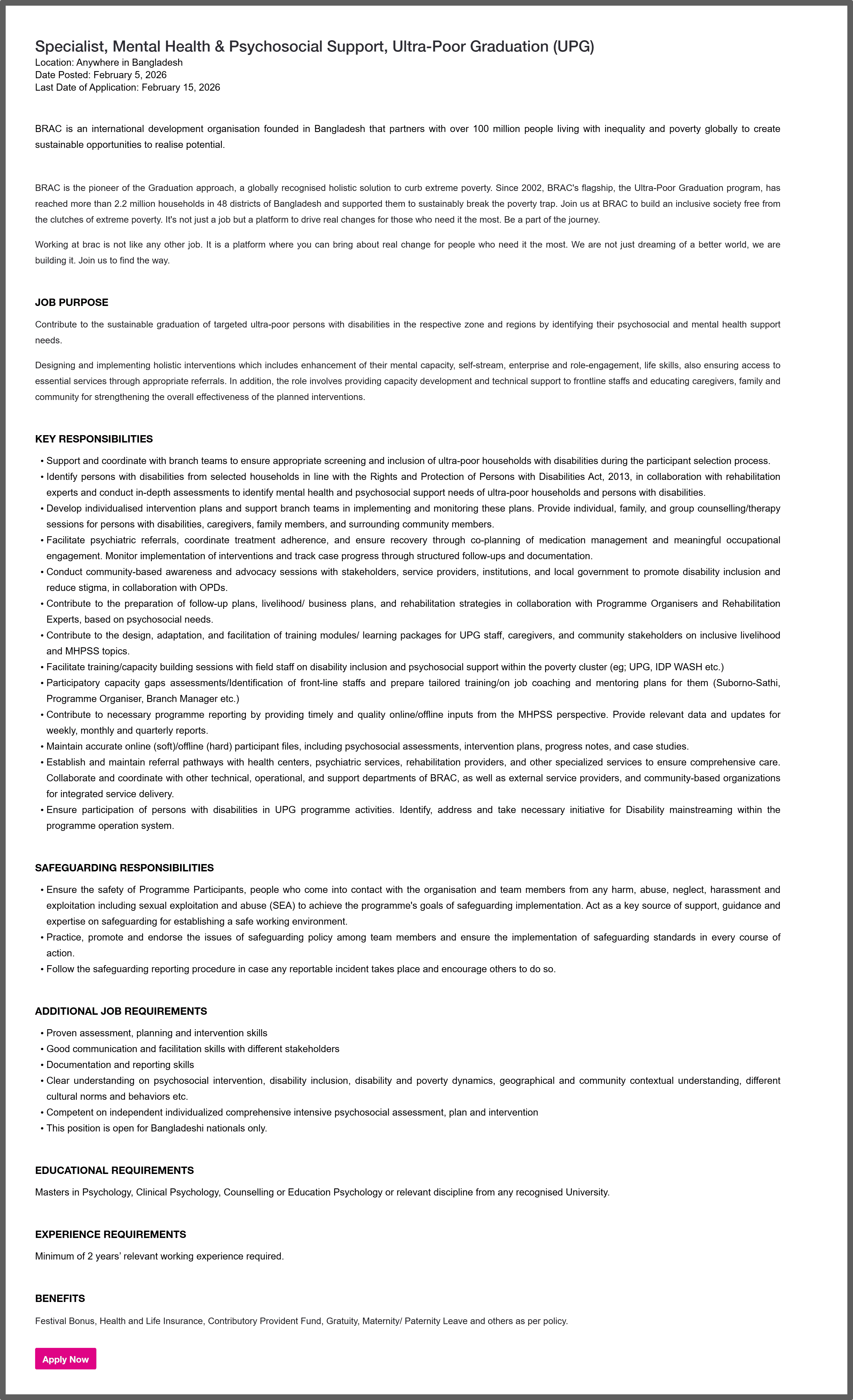 BRAC NGO Job Circular 2026