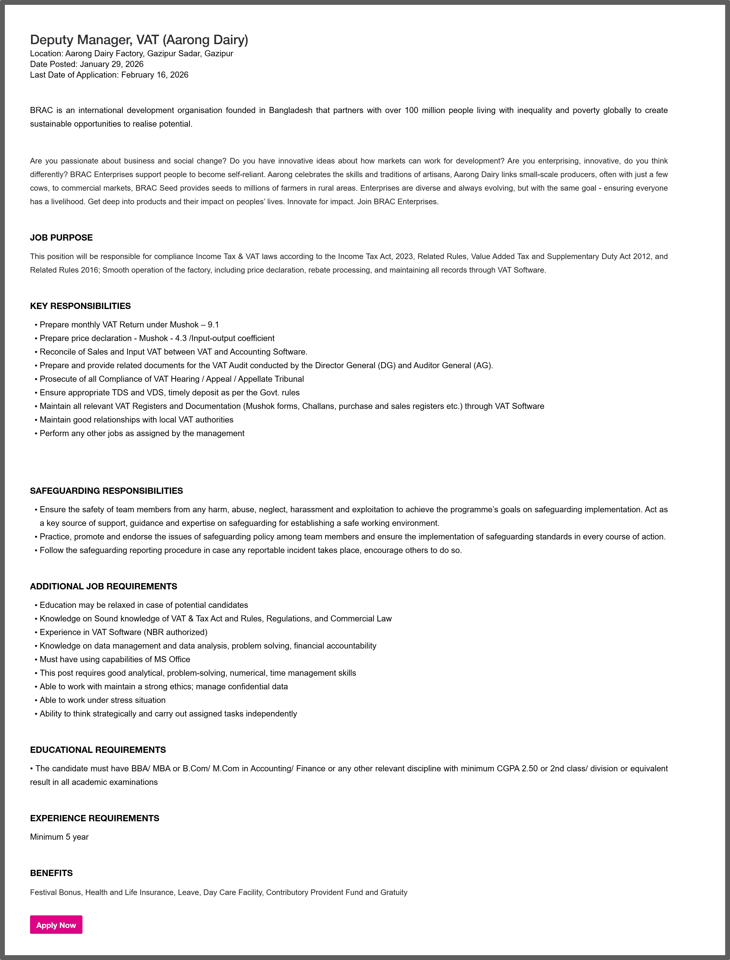 BRAC NGO Job Circular 2026