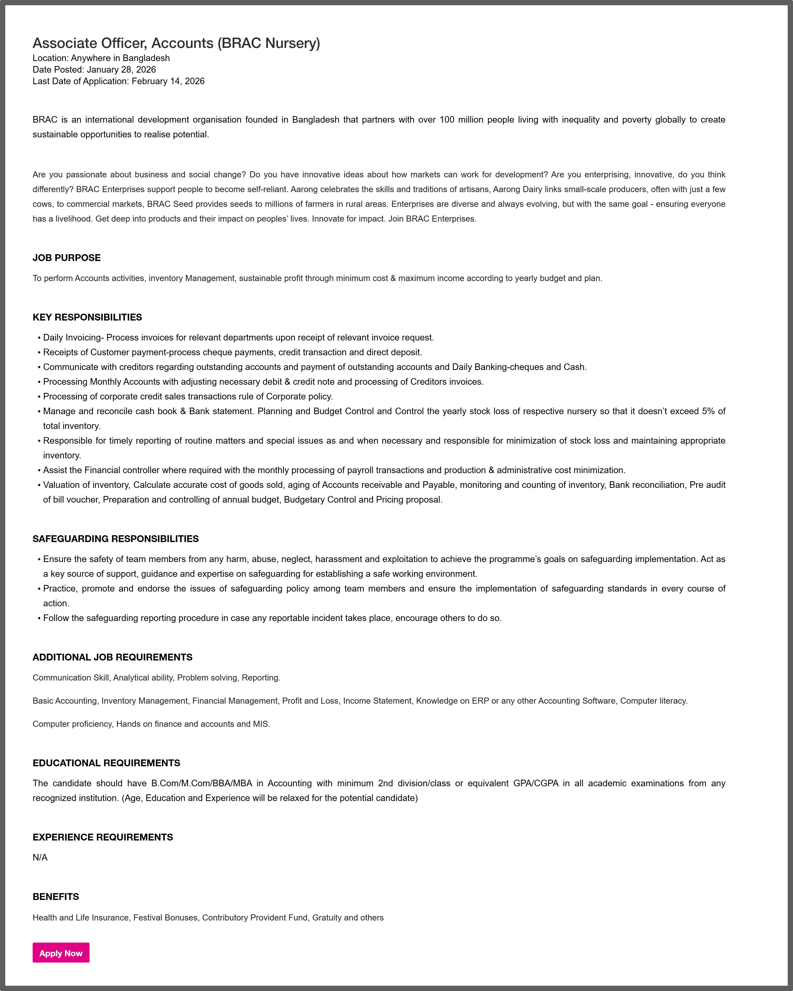 BRAC NGO Job Circular 2026