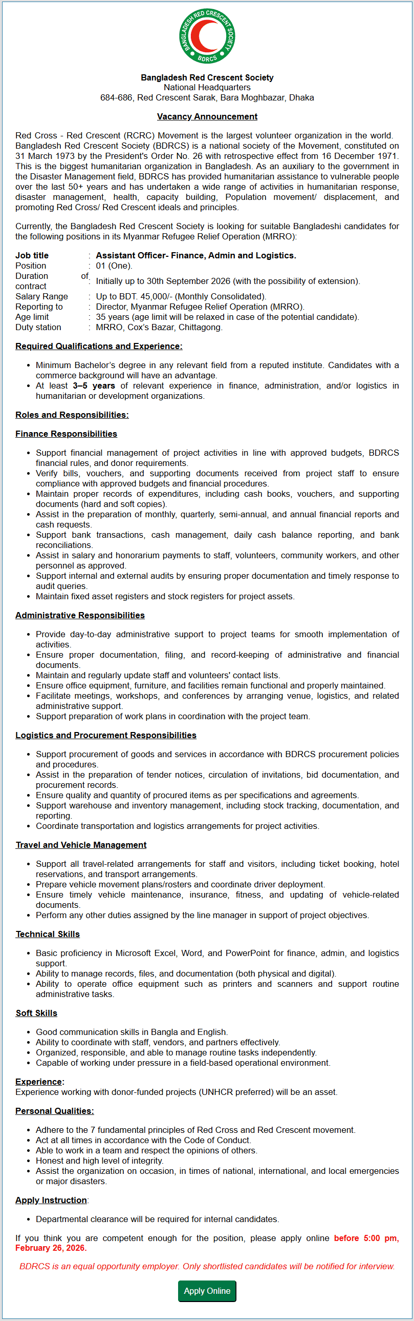 BDRCS Job Circular 2026