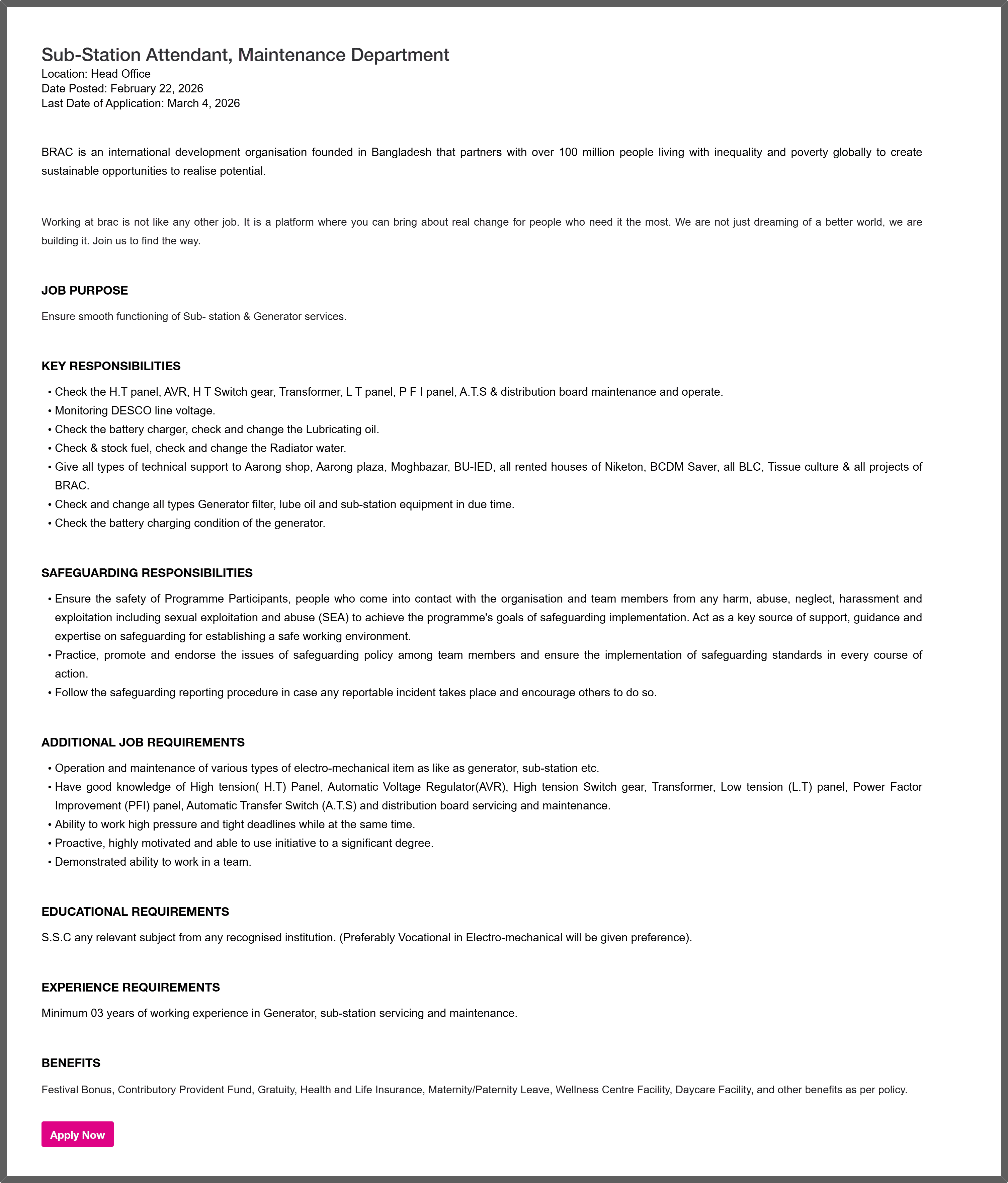 BRAC NGO Job Circular 2026