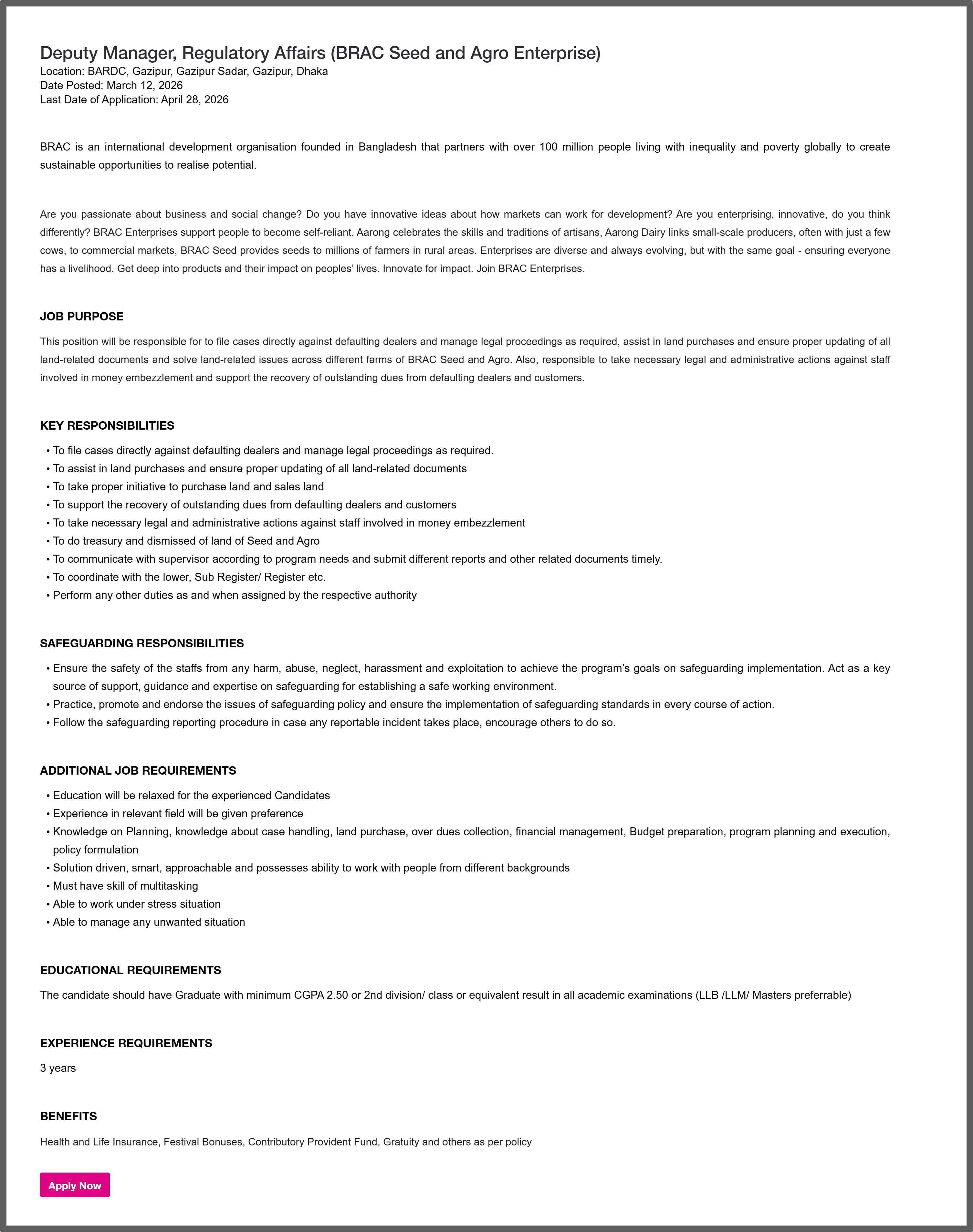 BRAC NGO Job Circular 2026