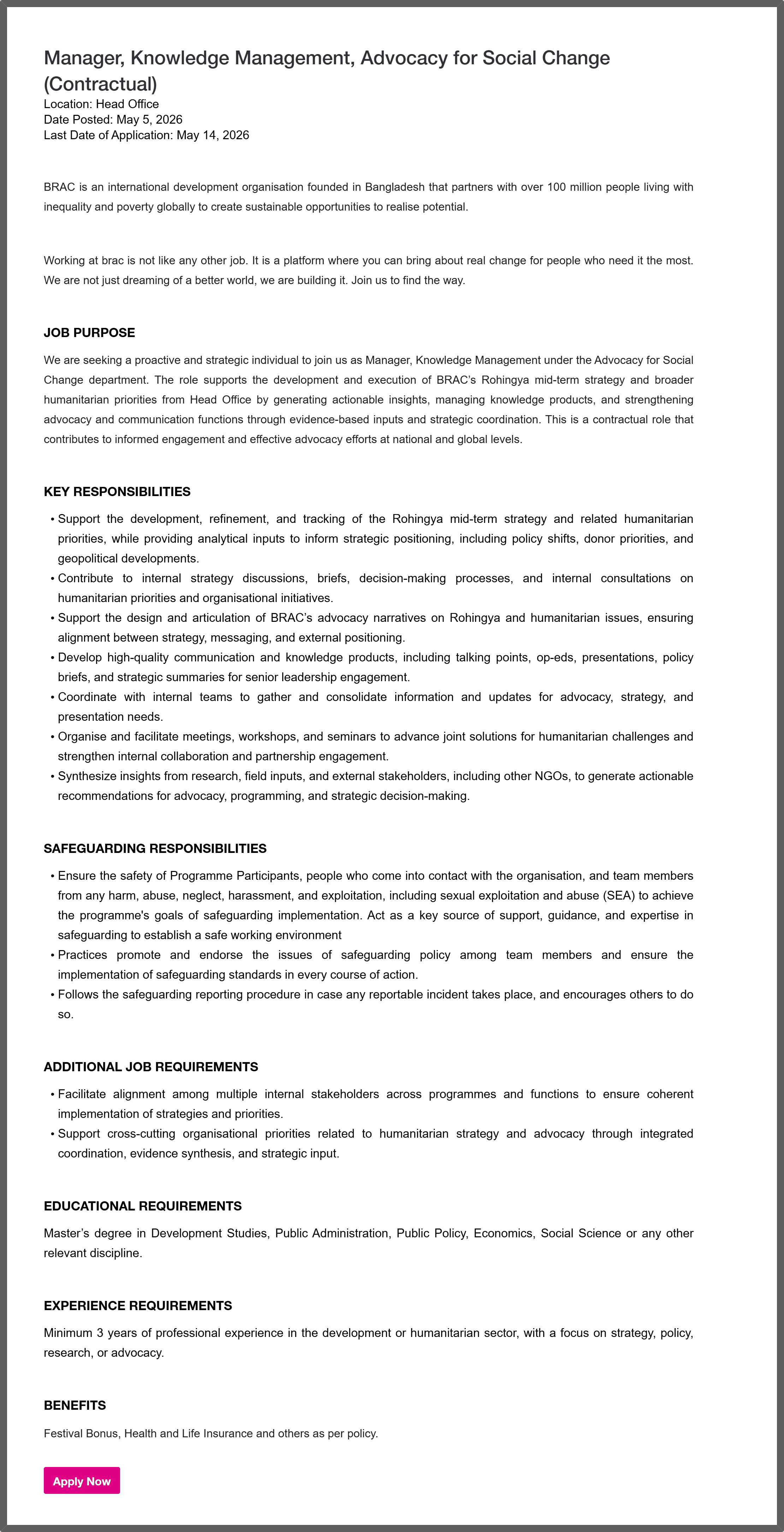 BRAC NGO Job Circular 2026