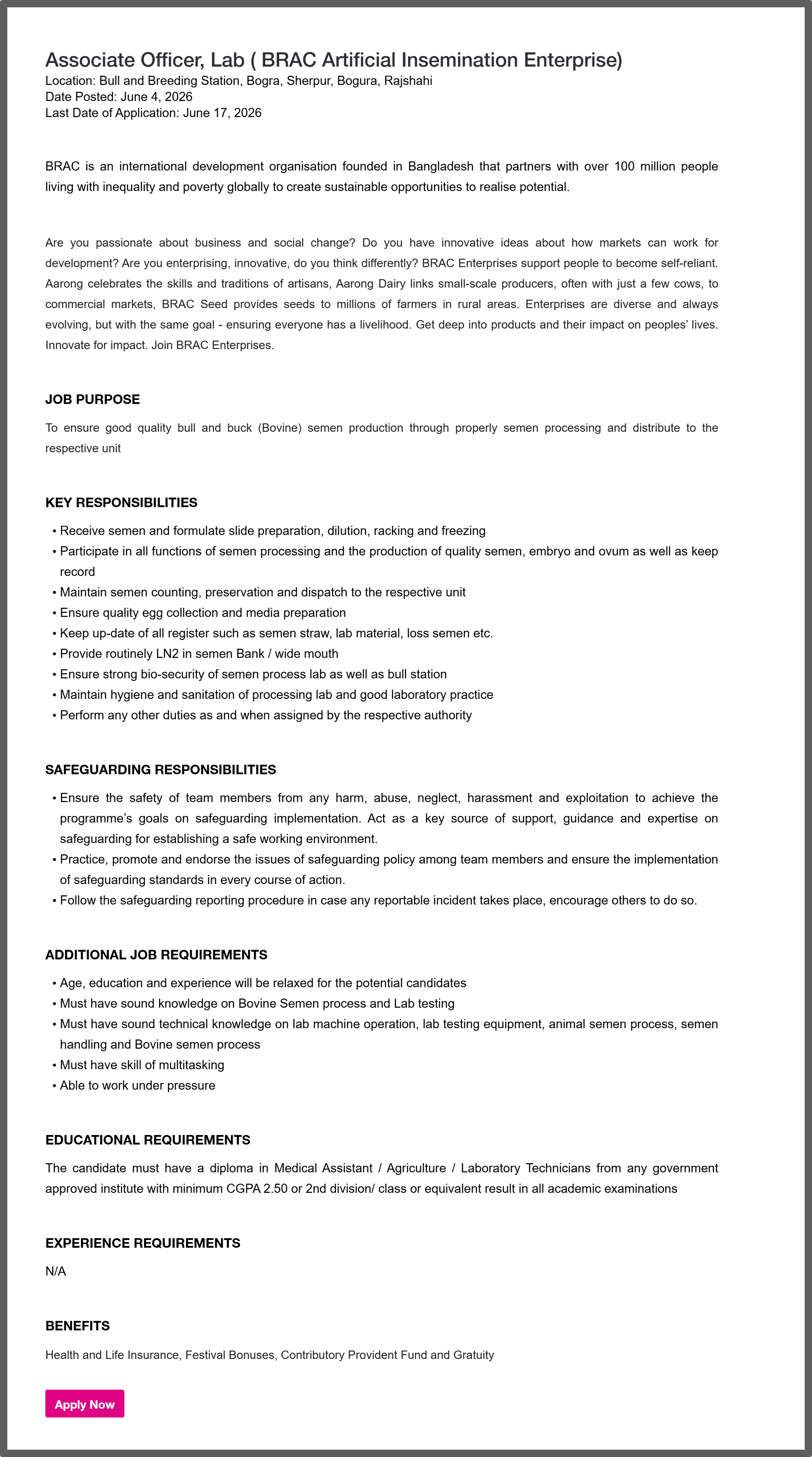 BRAC NGO Job Circular 2026
