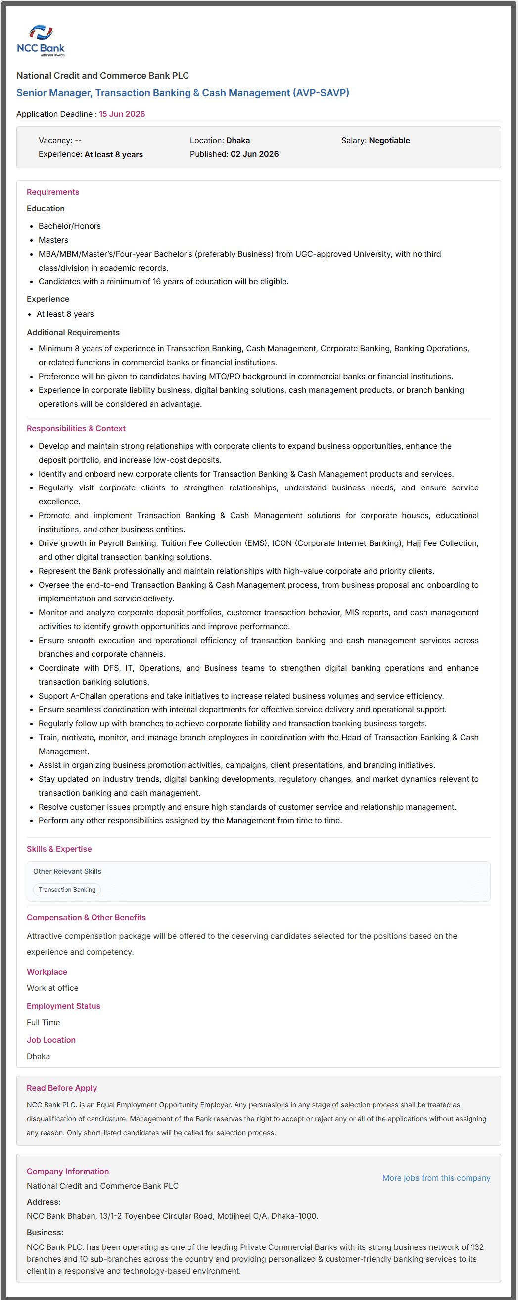 NCC Bank Job Circular 2026