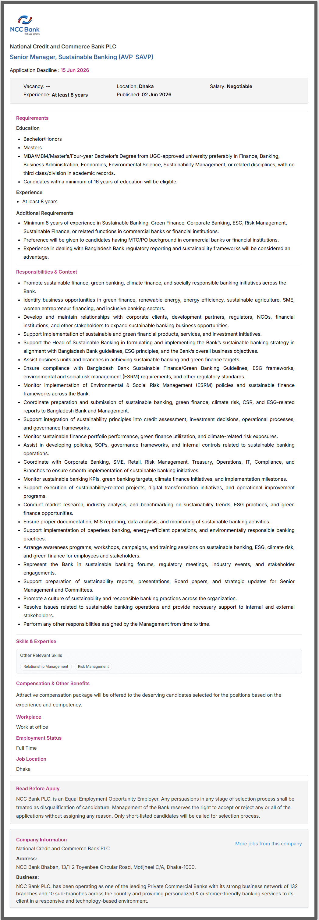 NCC Bank Job Circular 2026