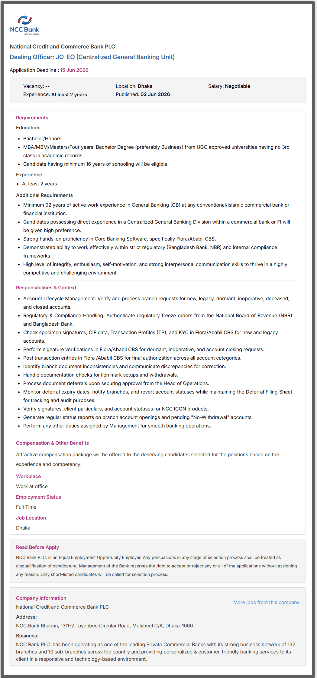 NCC Bank Job Circular 2026