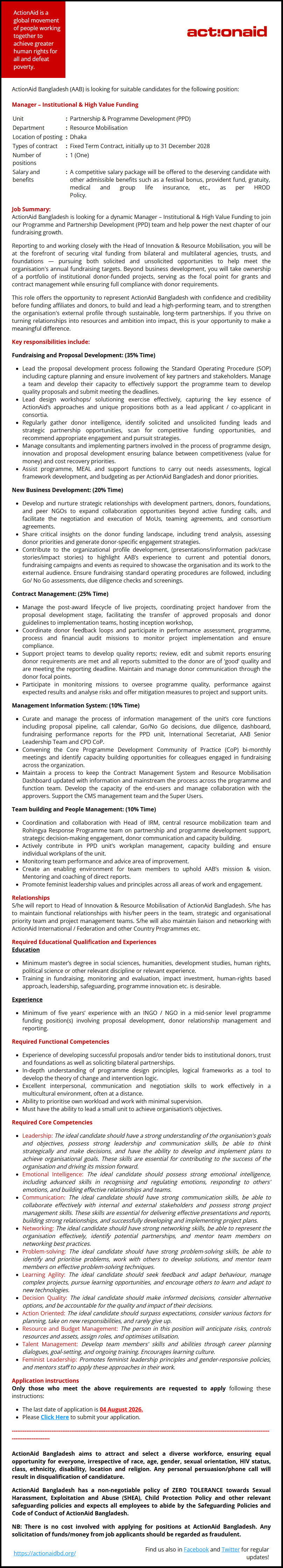 ActionAid Bangladesh NGO Job Circular 2026