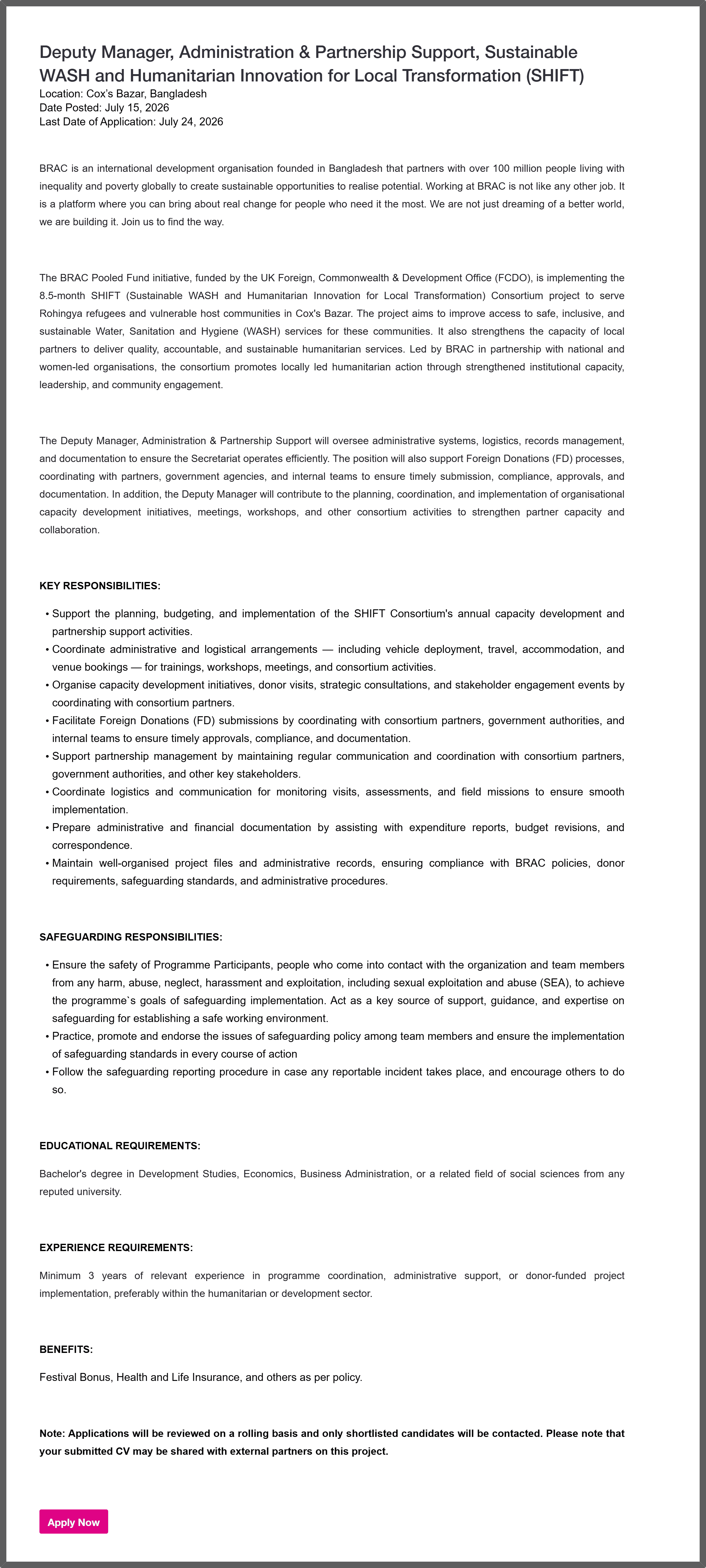 BRAC NGO Job Circular 2026
