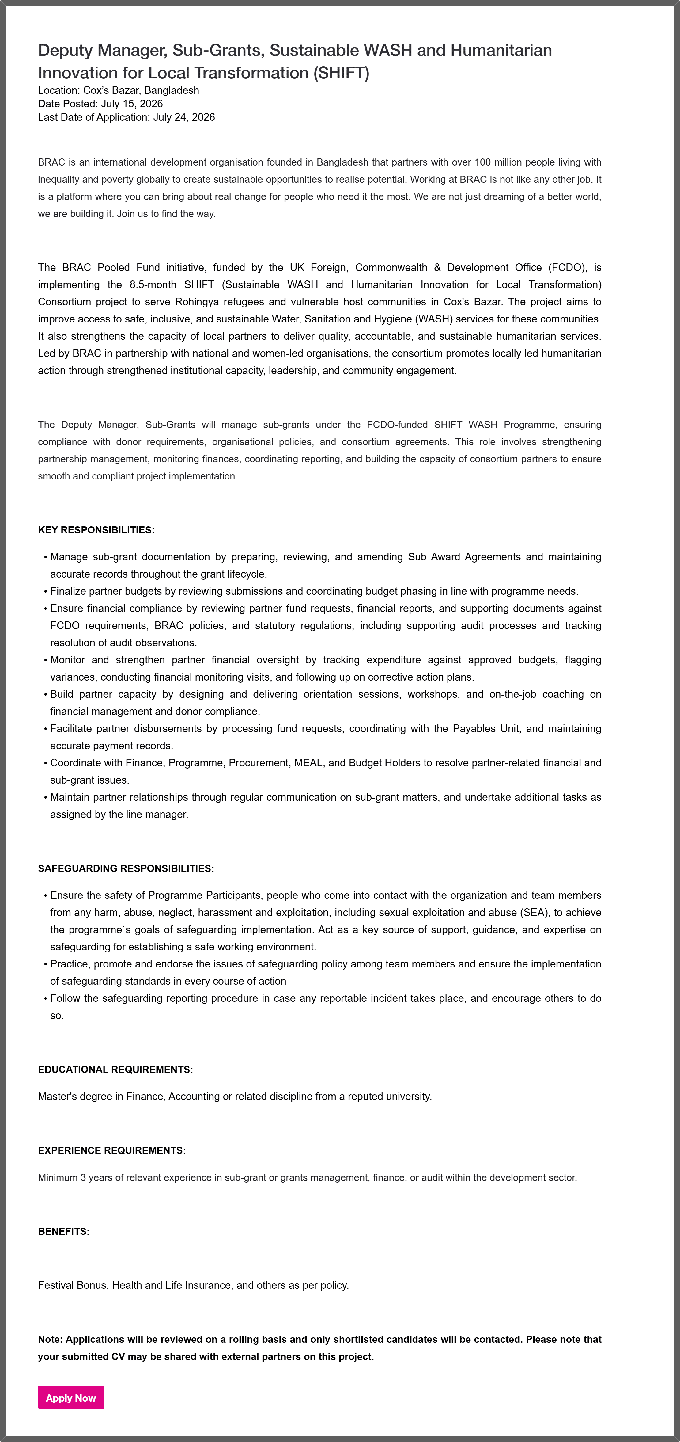 BRAC NGO Job Circular 2026