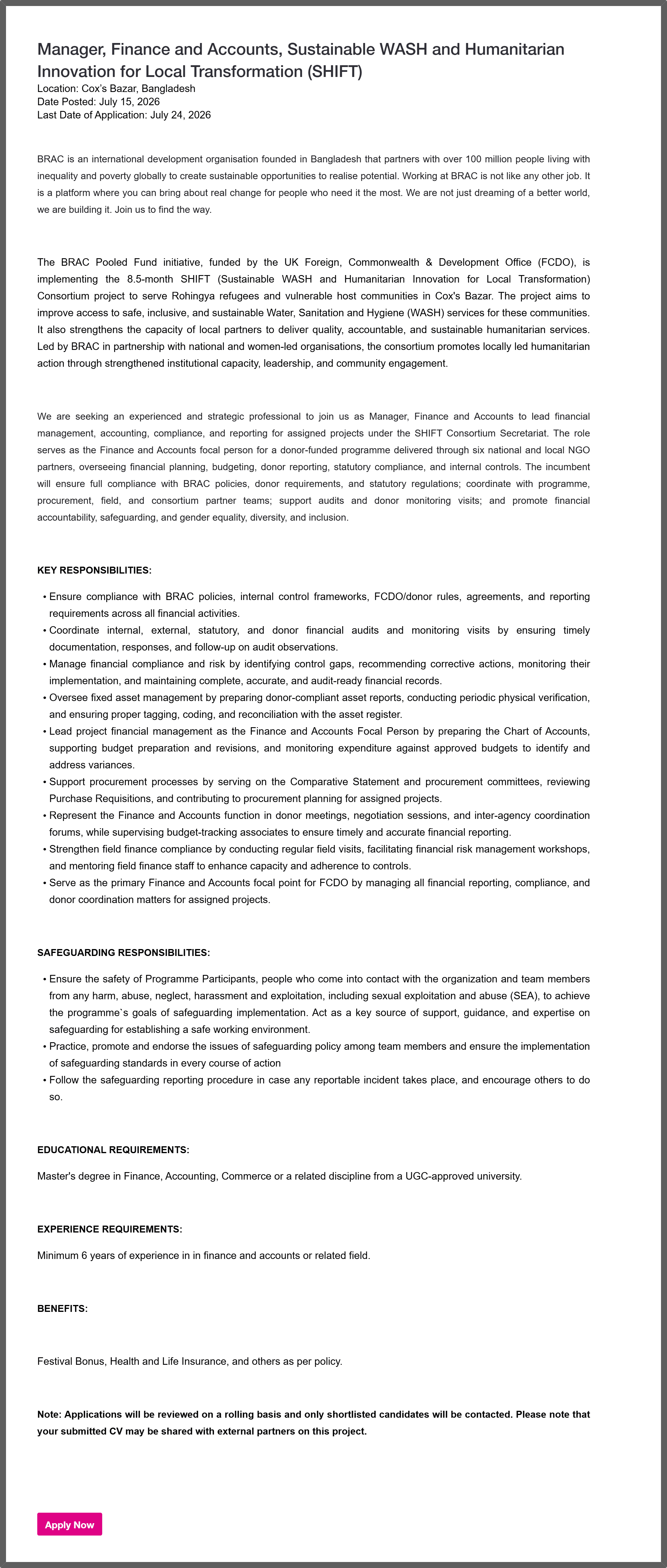 BRAC NGO Job Circular 2026