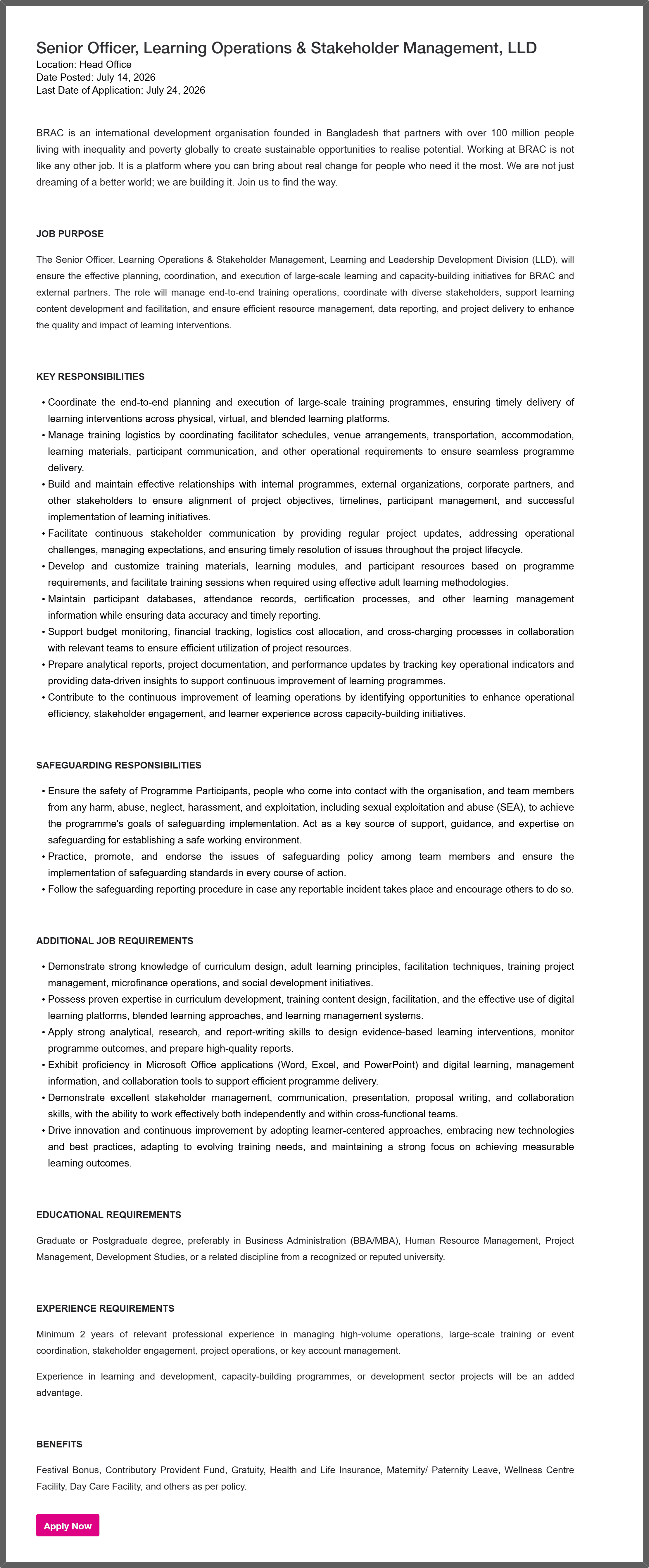 BRAC NGO Job Circular 2026