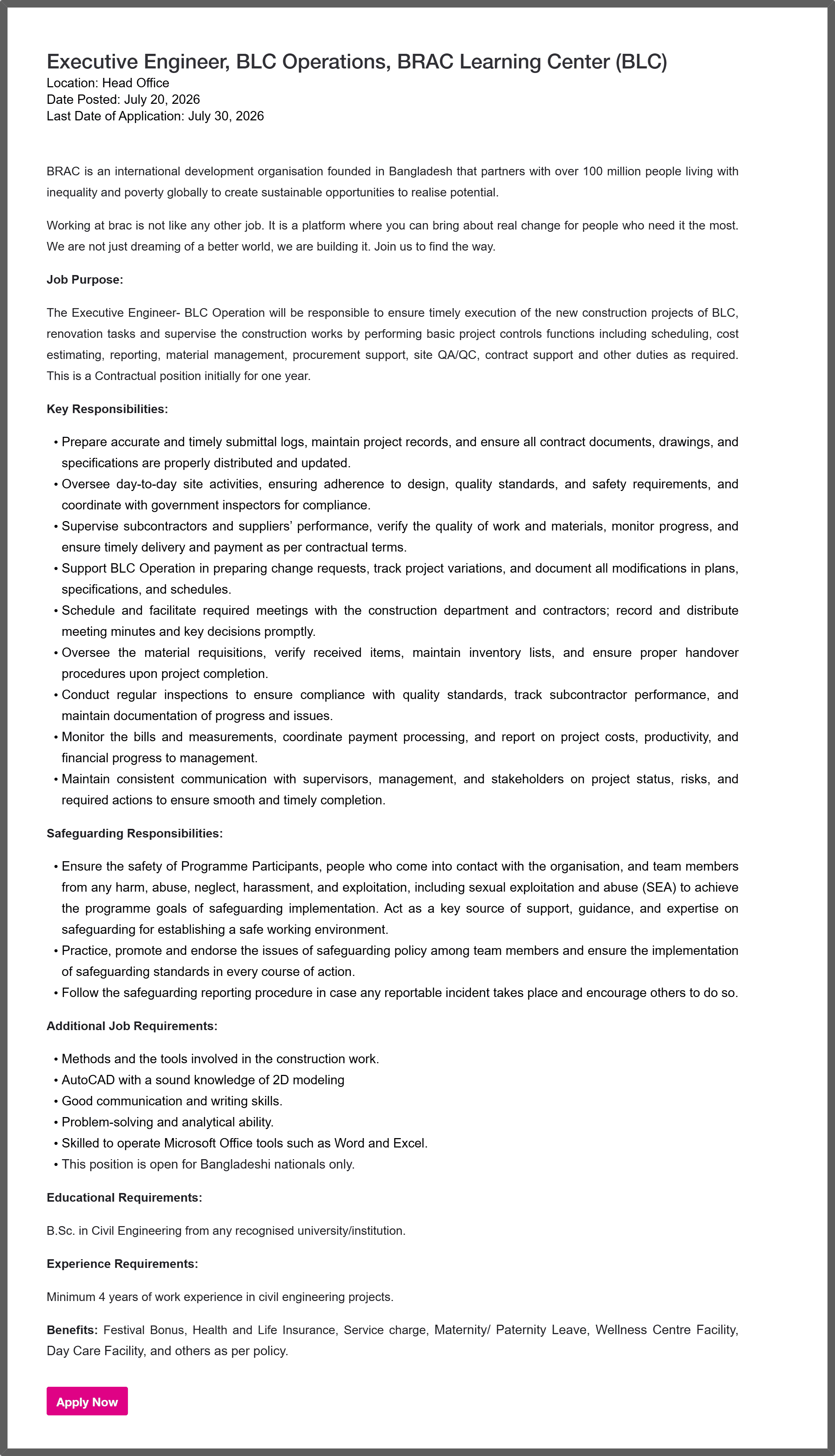 BRAC NGO Job Circular 2026