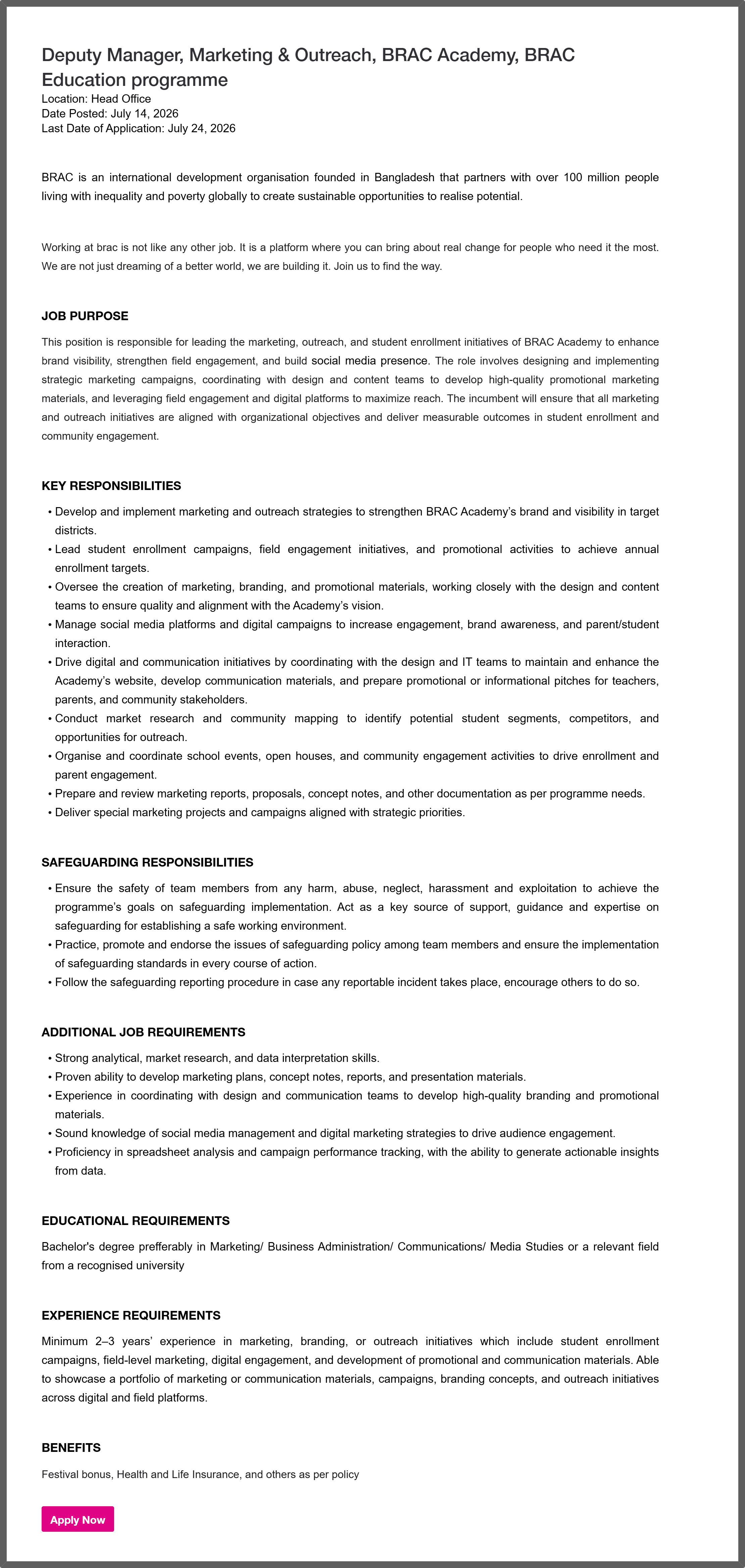 BRAC NGO Job Circular 2026