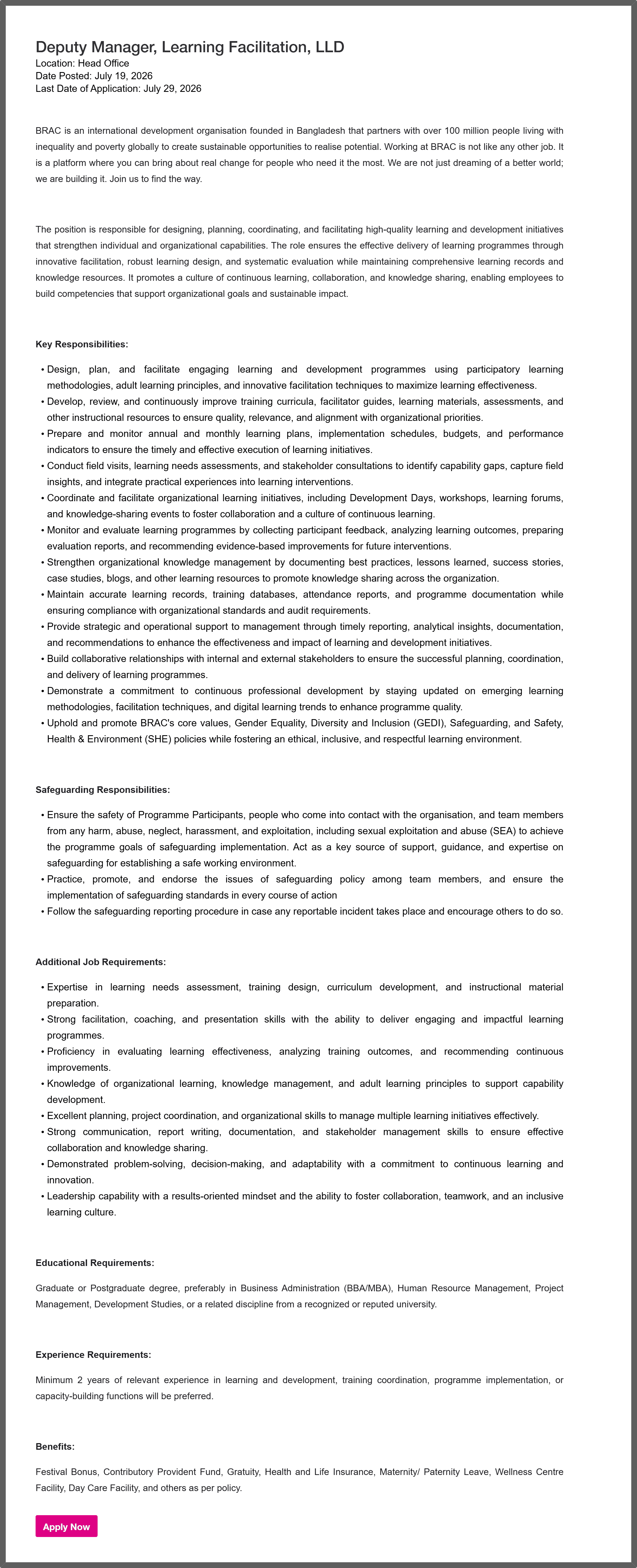 BRAC NGO Job Circular 2026
