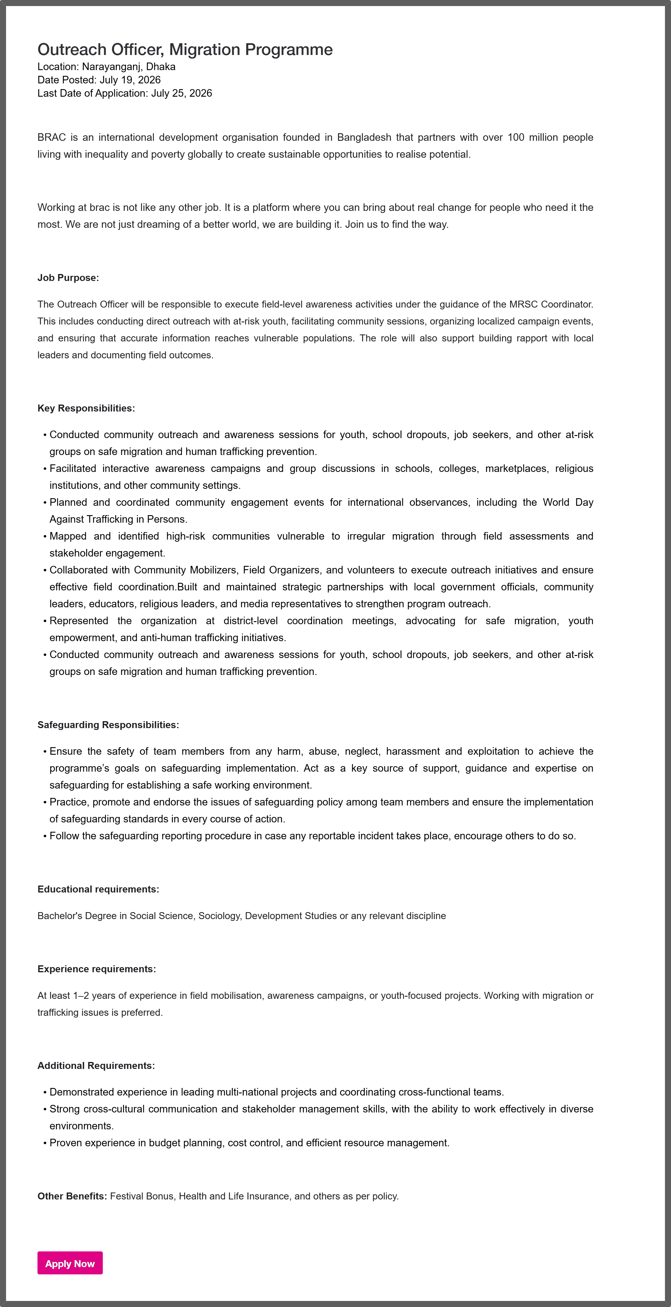 BRAC NGO Job Circular 2026