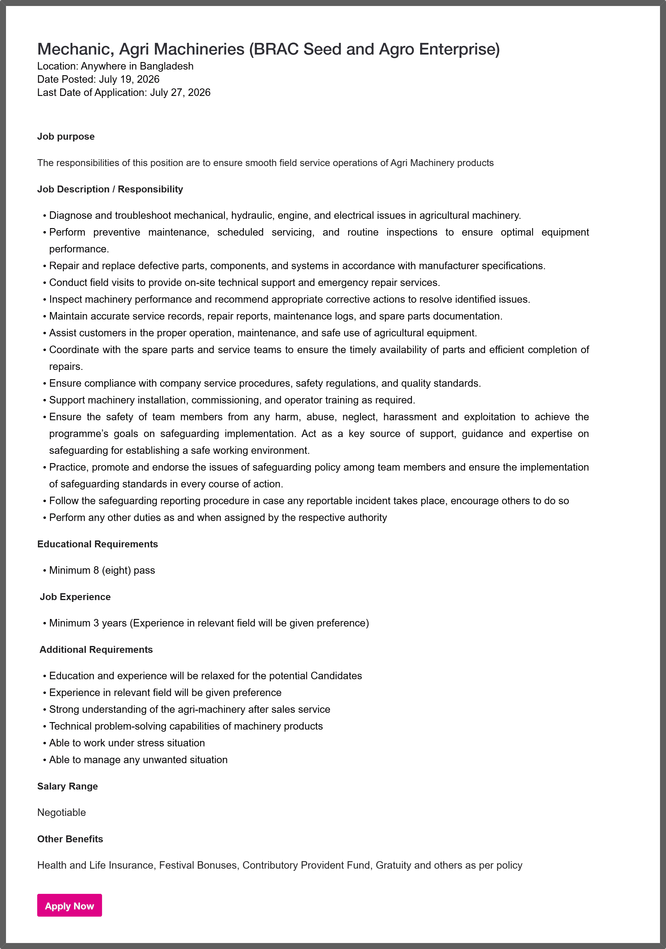 BRAC NGO Job Circular 2026