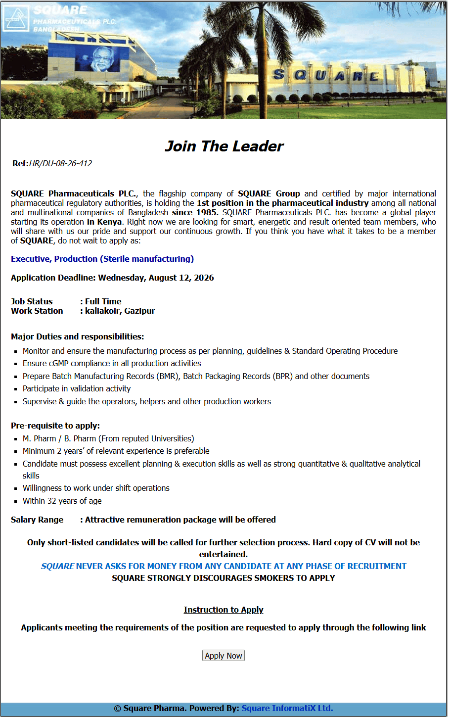 Square Pharmaceuticals Job Circular 2026