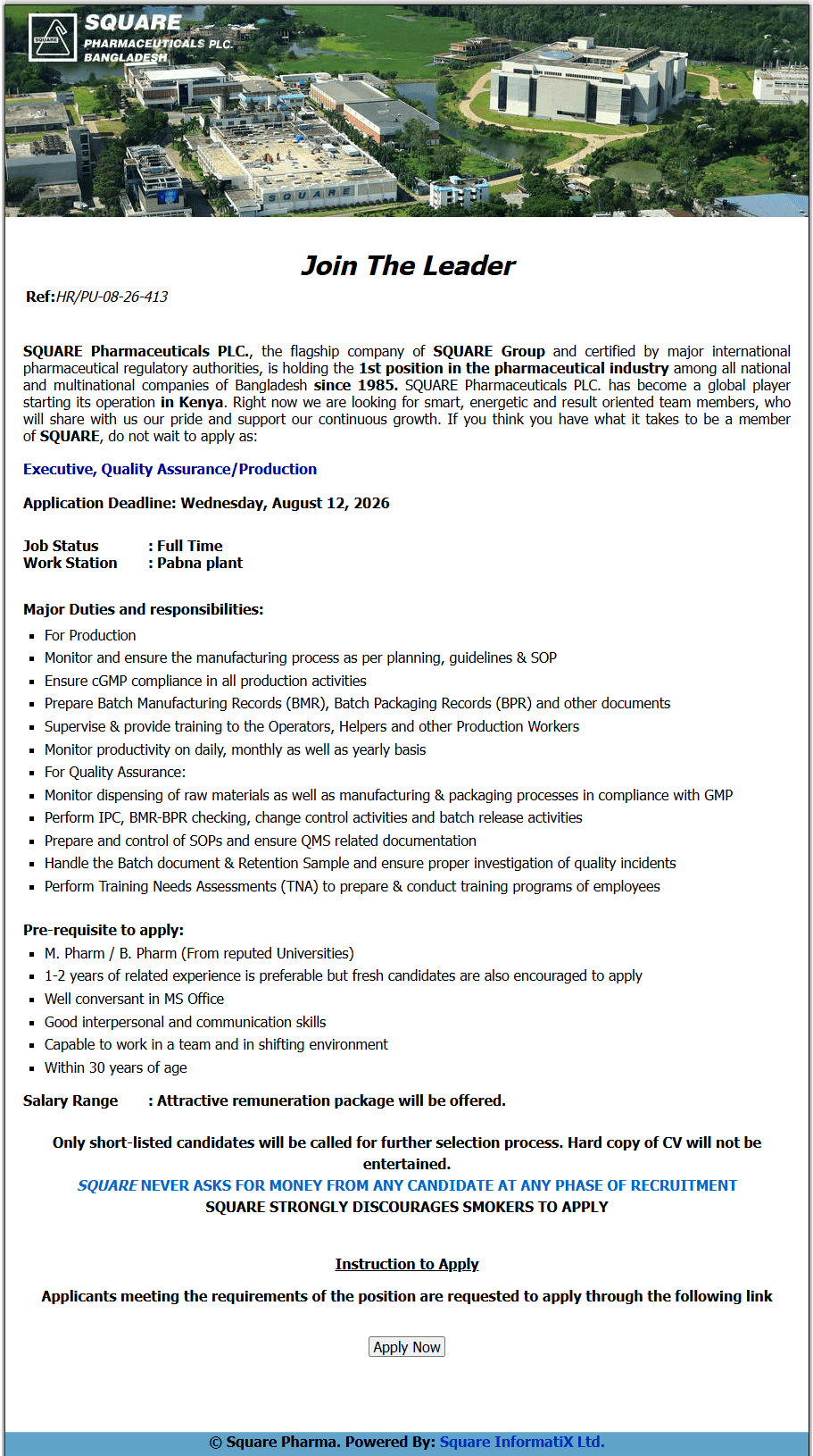 Square Pharmaceuticals Job Circular 2026