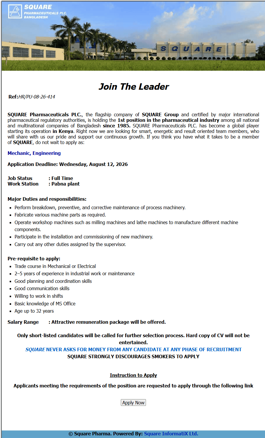 Square Pharmaceuticals Job Circular 2026