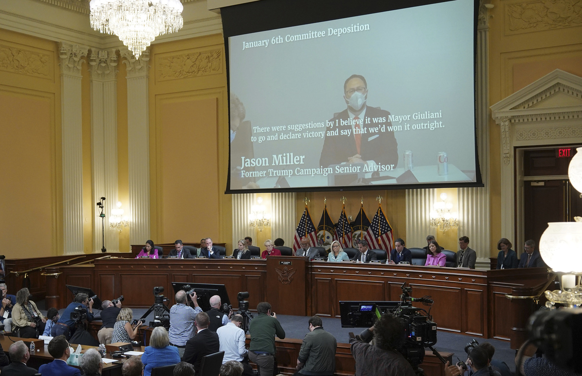 A video of Jason Miller plays during the second day of hearings into the Jan. 6 insurrection.