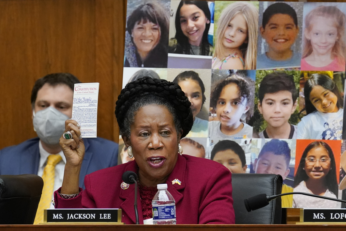 A congresswoman addresses the gun debate with photos of mass shooting victims behind her.