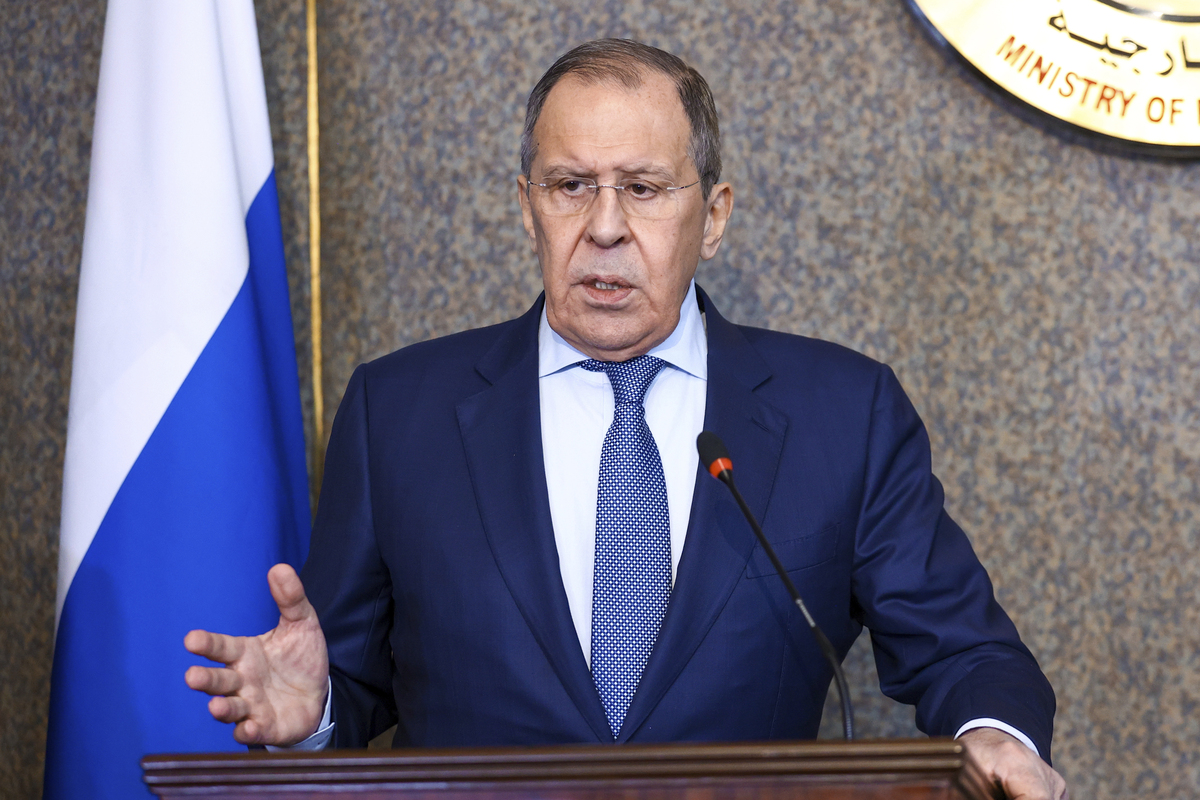 Sergey Lavrov speaks during a press conference in Egypt.