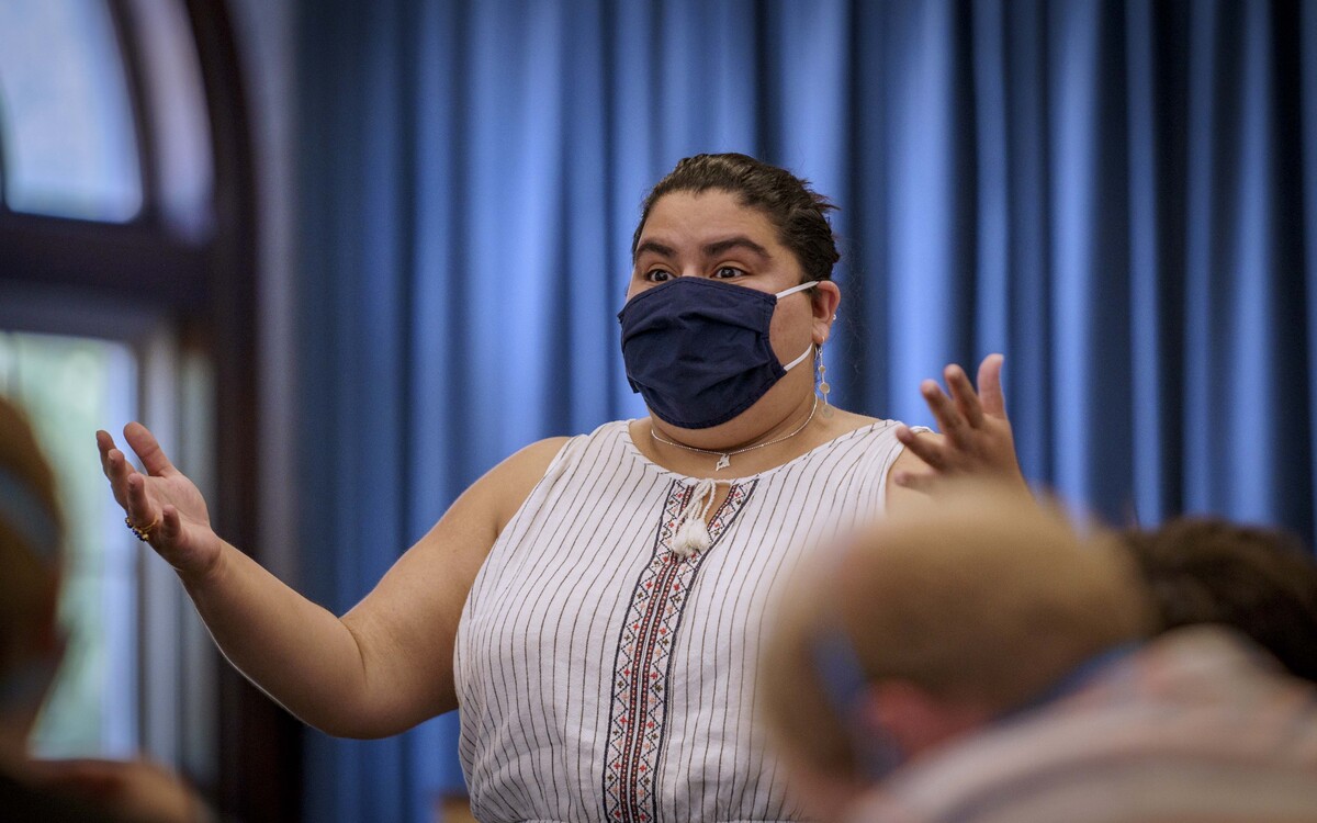 Ambureen Rana attends a Democratic caucus in Bangor.