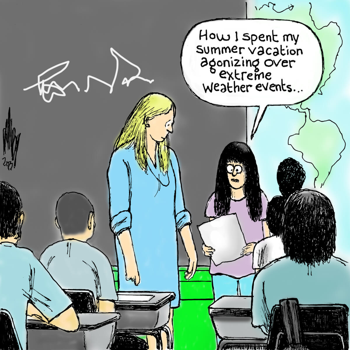 A cartoon that reads "How I spent my summer vacation agonizing over extreme weather events..."