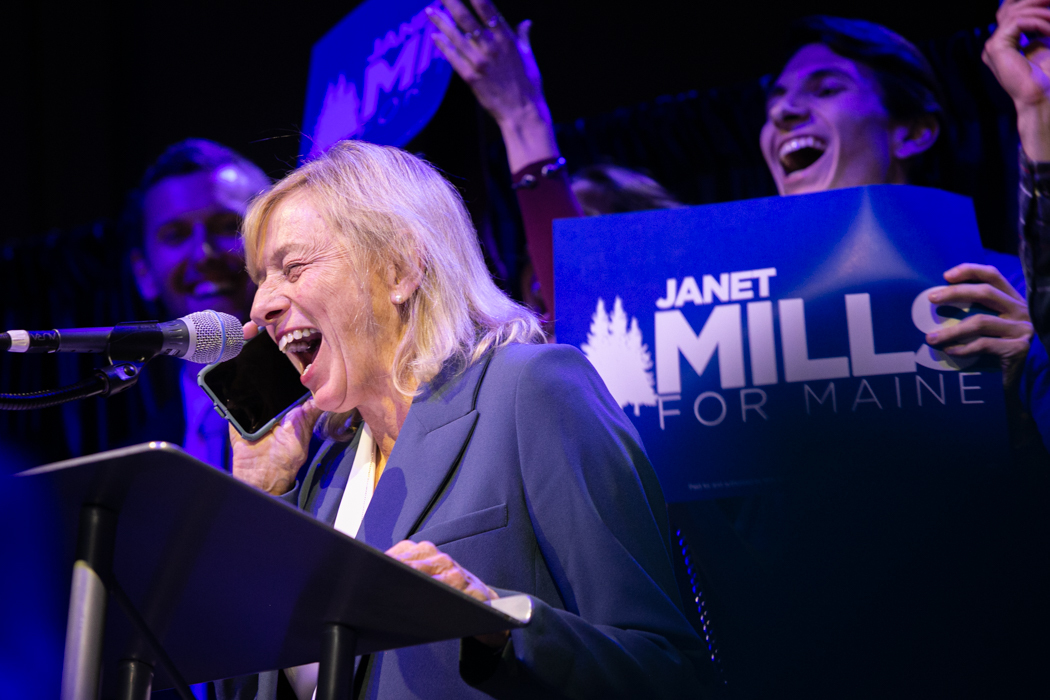 Janet Mills celebrates with supporters Tuesday night after the race was called for her.