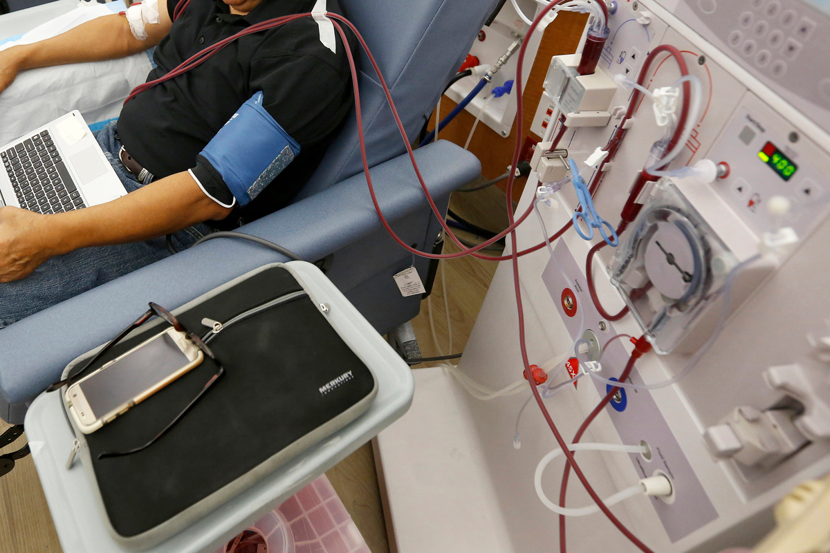 A patient undergoes kidney dialysis at a clinic in Sacramento, California.