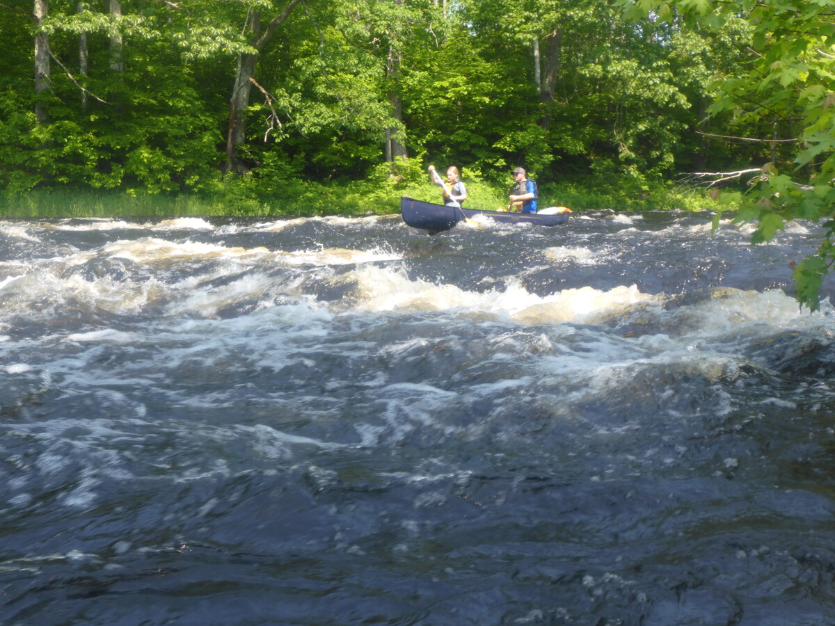 A tandem canoe team bounces through waves on the Sebasticook River.