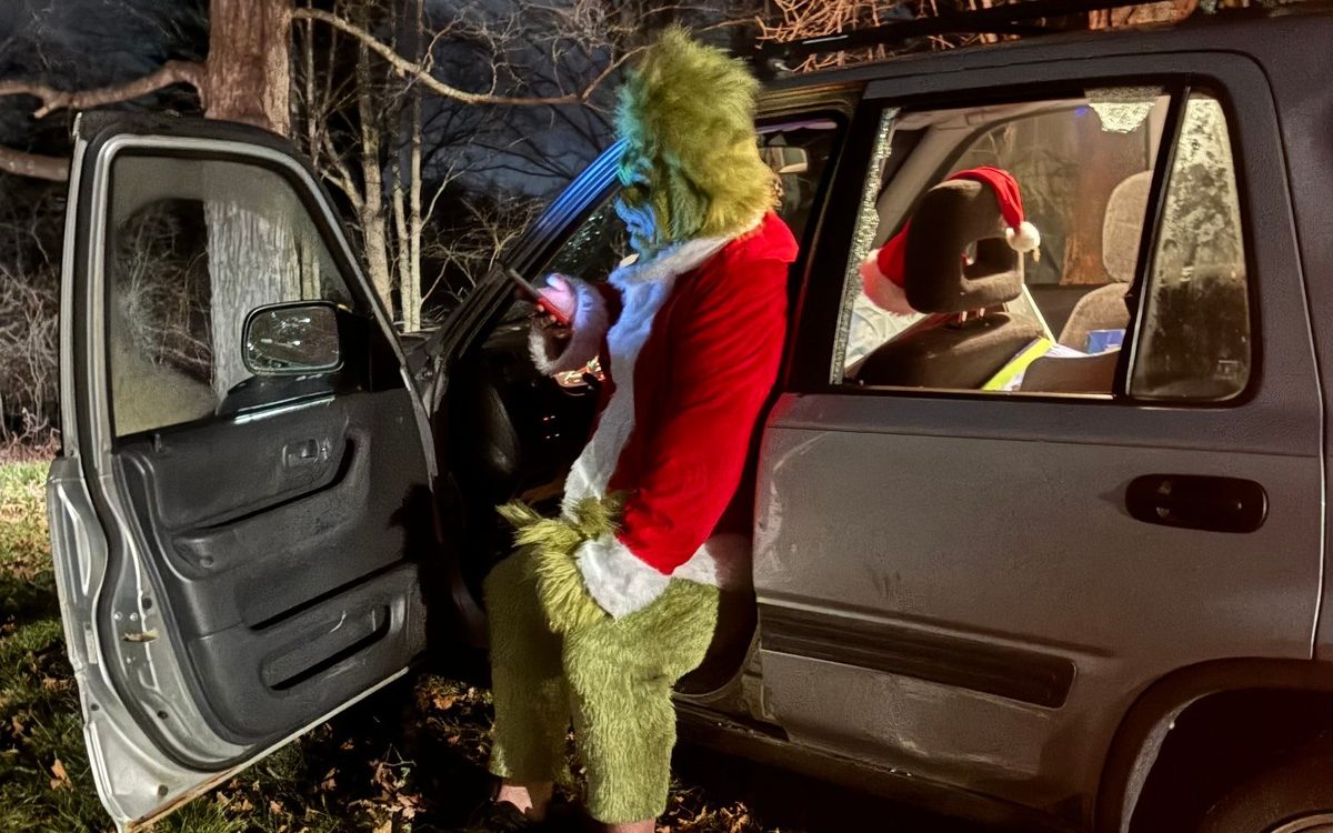Police were surprised when they arrived at the scene to find Jon Williamson, 31, dressed in a full Grinch costume.