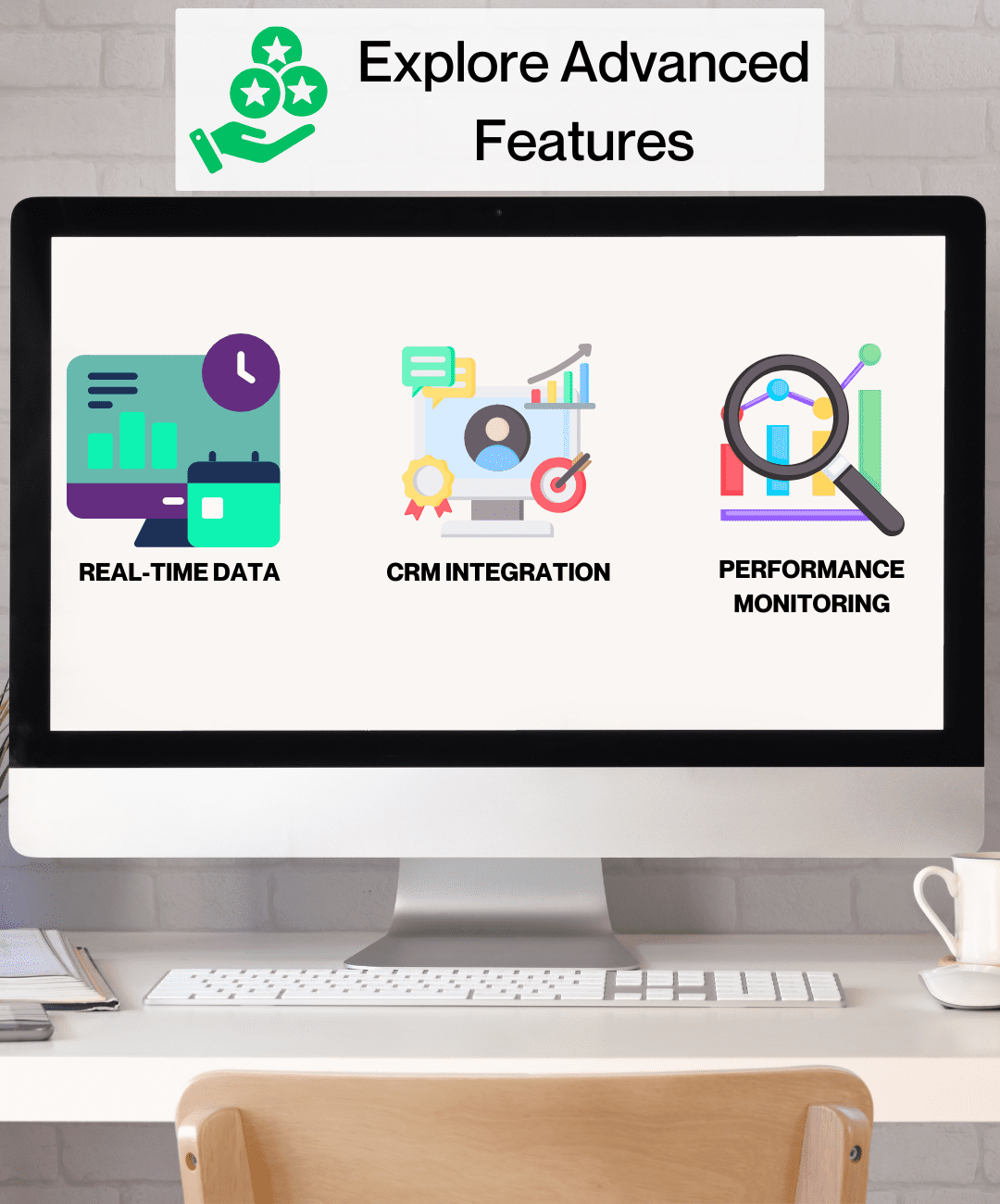 Modern workspace with screen displaying icons for call analytics features.