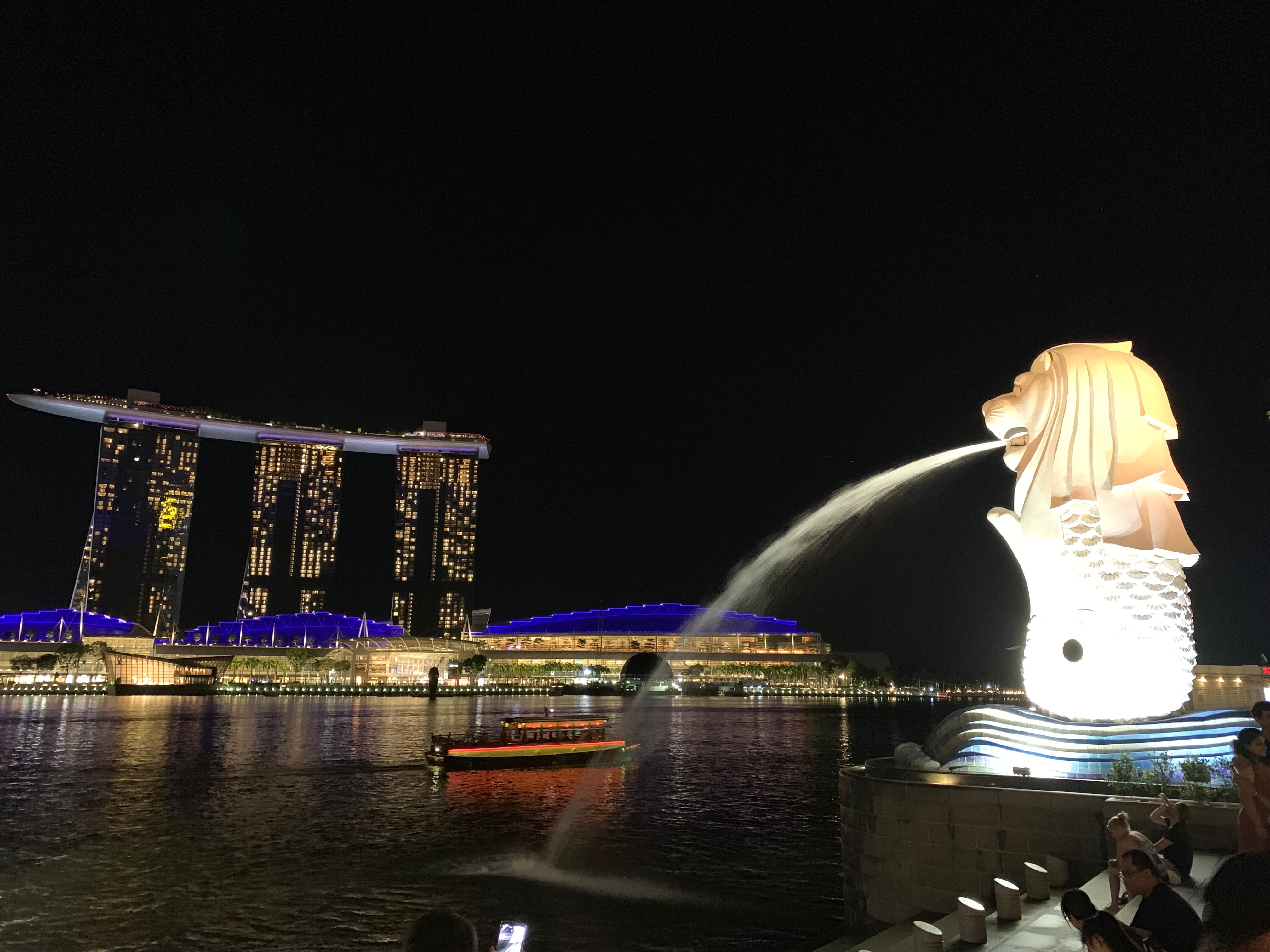 Singapore’s Merlion fountain at night, with Marina Bay Sands across the water.