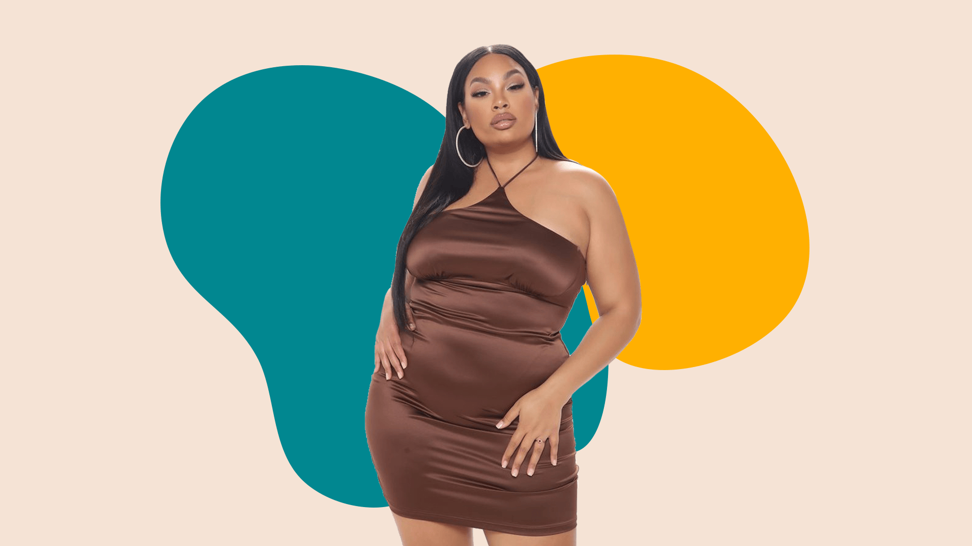 A model wearing a plus-size brown mini halter dress.