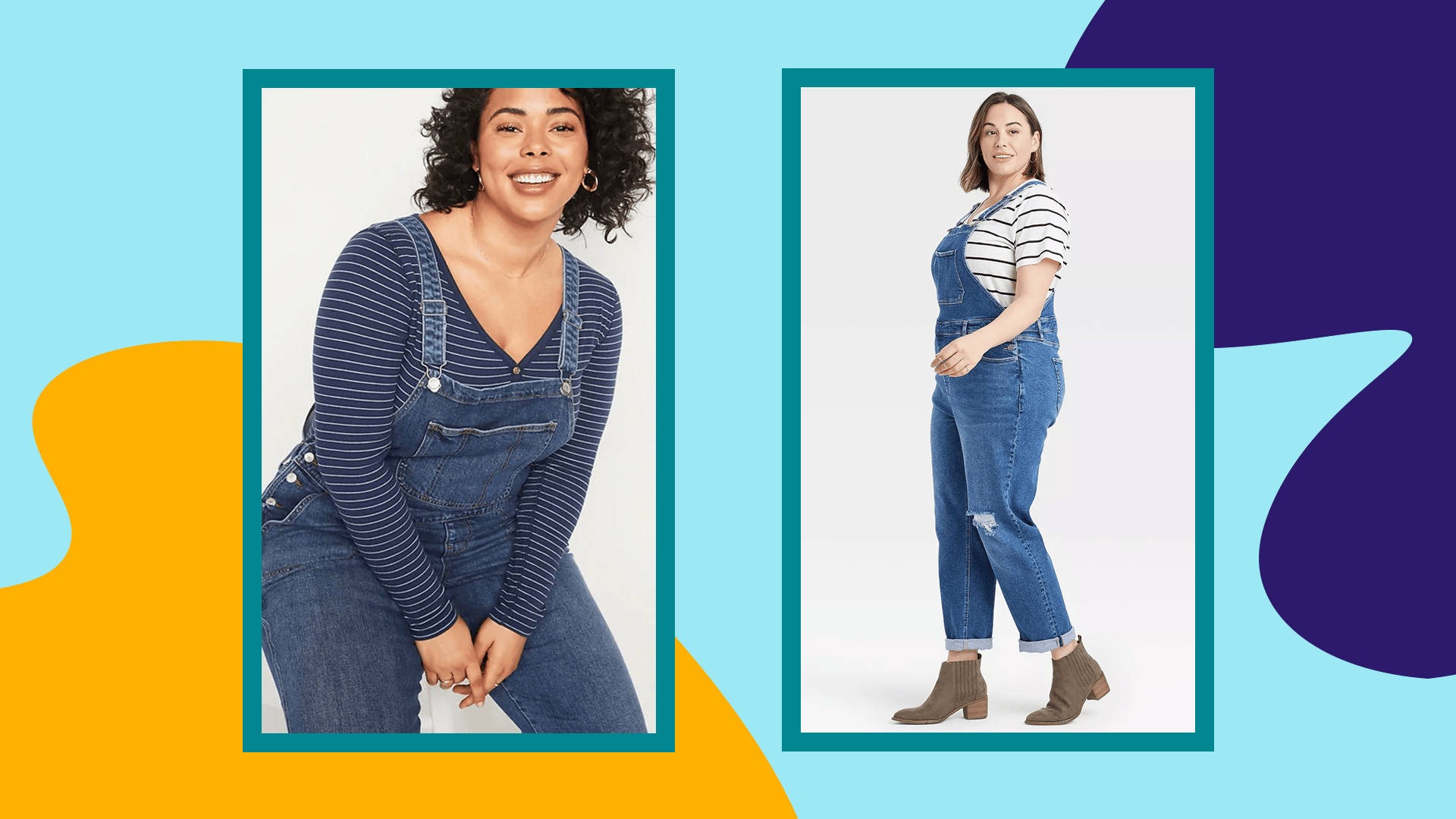 Two models wearing plus-size denim overalls.
