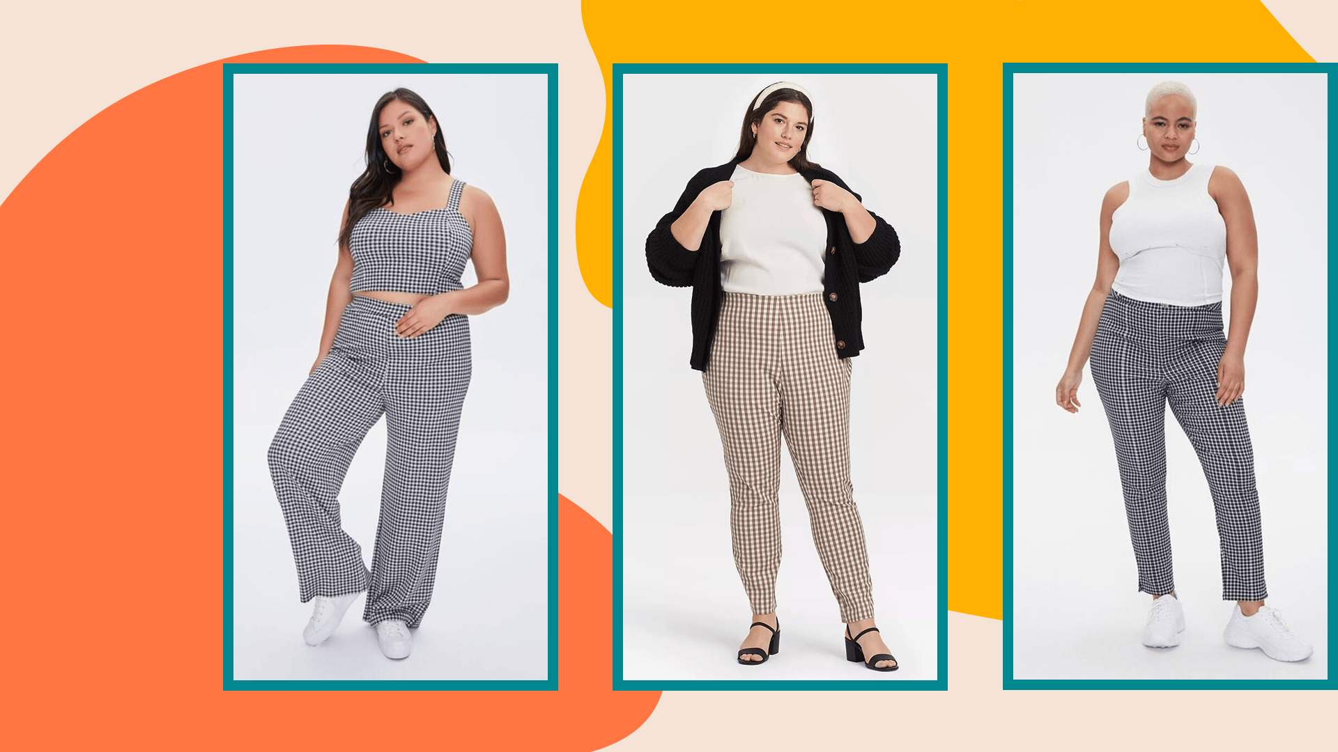 Three models wearing plus-size gingham pants.