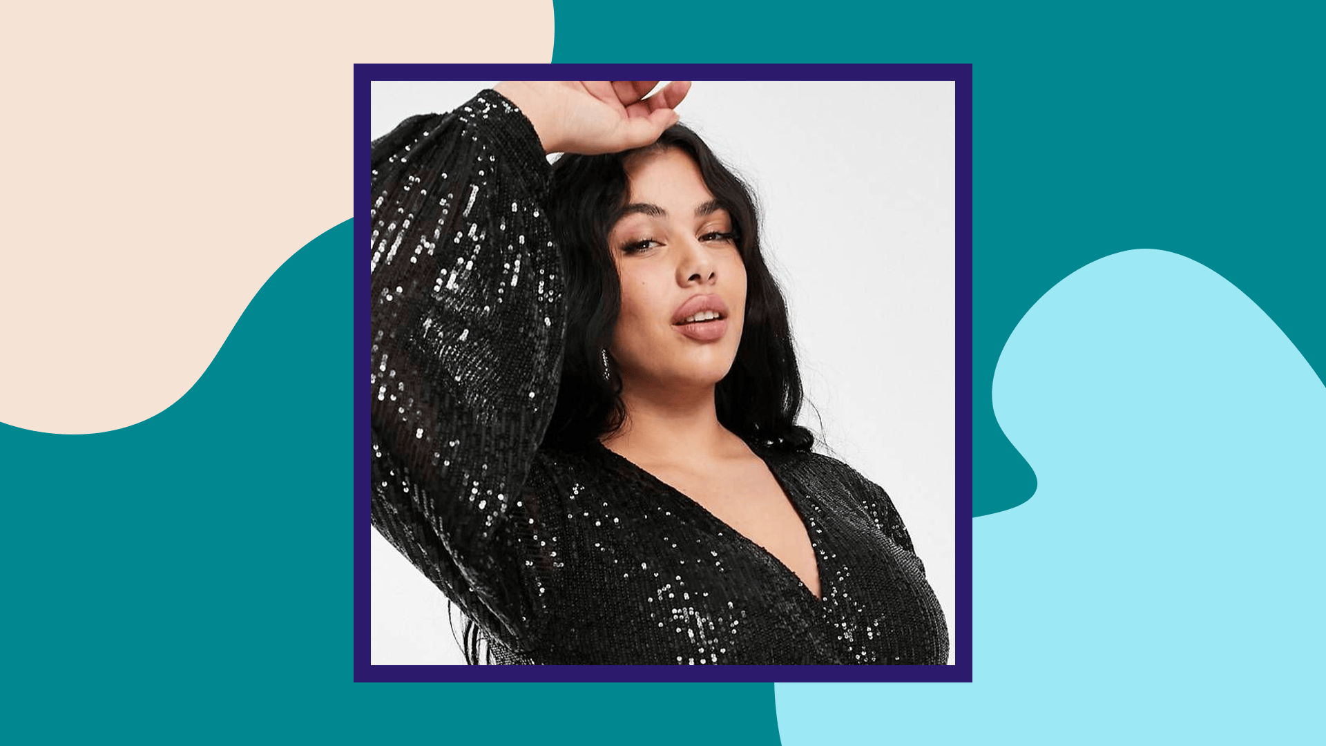 A model wearing a plus-size sequin romper.