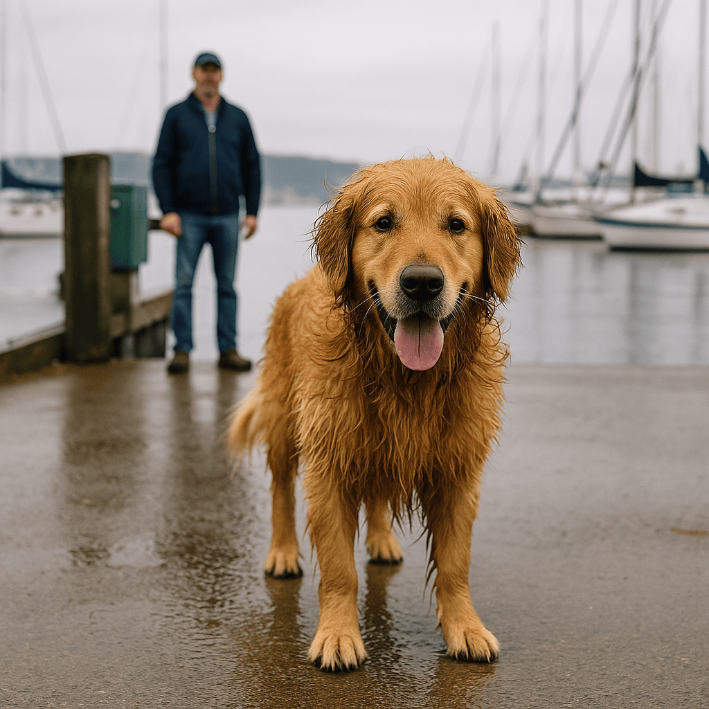 A wet golden retriever stands on a marina dock, looking at the camera with its tongue out, while its owner watches from the background near moored sailboats.