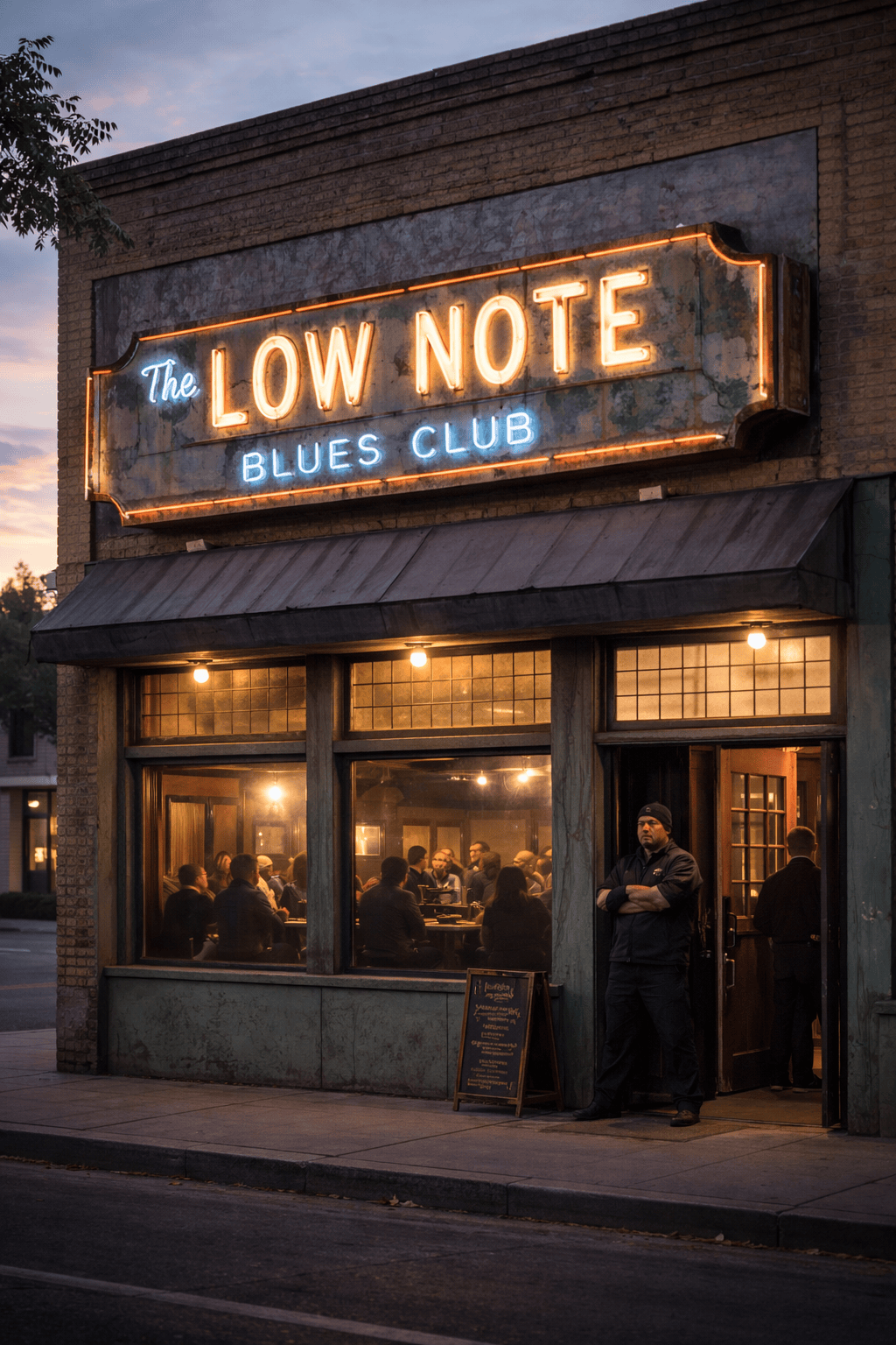 Exterior of The Low Note Blues Club in San Luis Obispo at dusk, seen from across the street