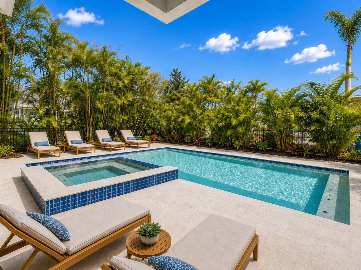 Private backyard at Sea Haven featuring a large heated pool with a sun shelf, hot tub, lounge chairs, and tropical landscaping.