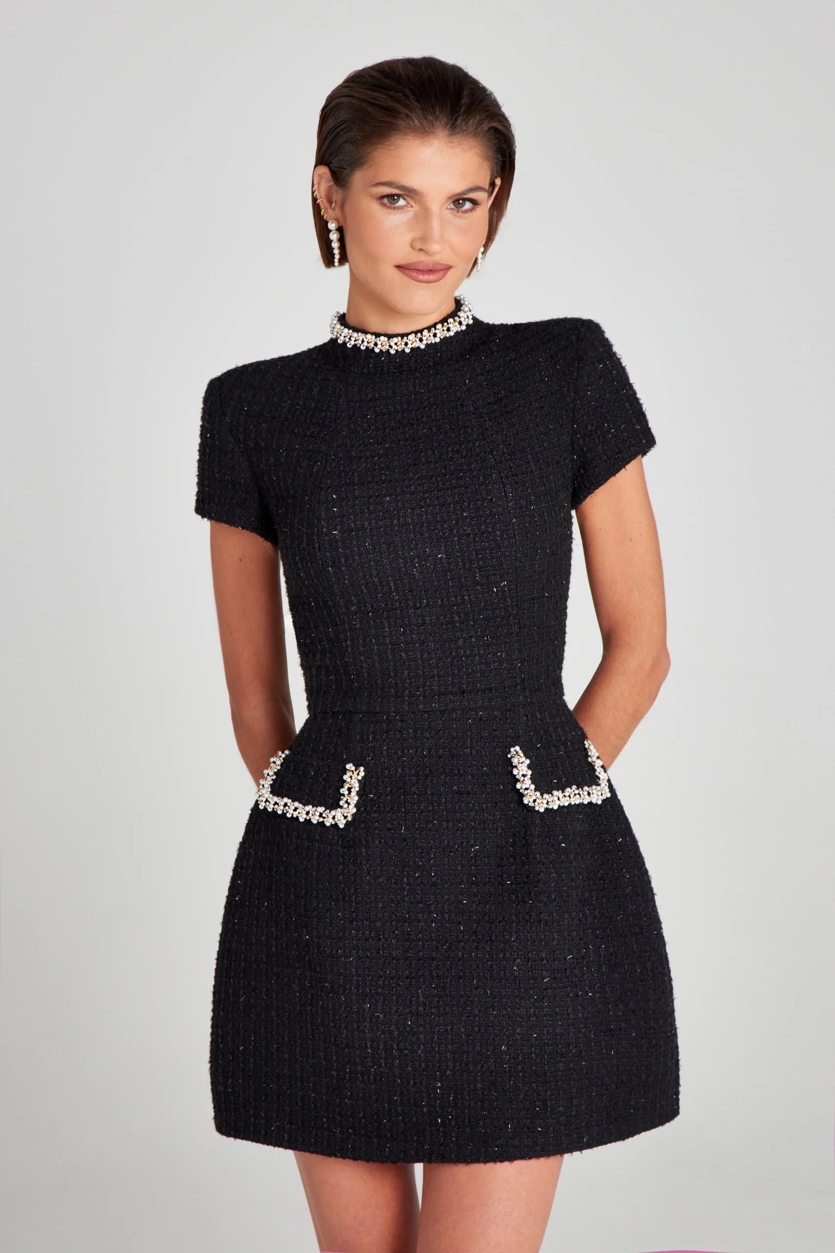 Black Tweed Dress with Pearl Trim – Elegant Bouclé Style