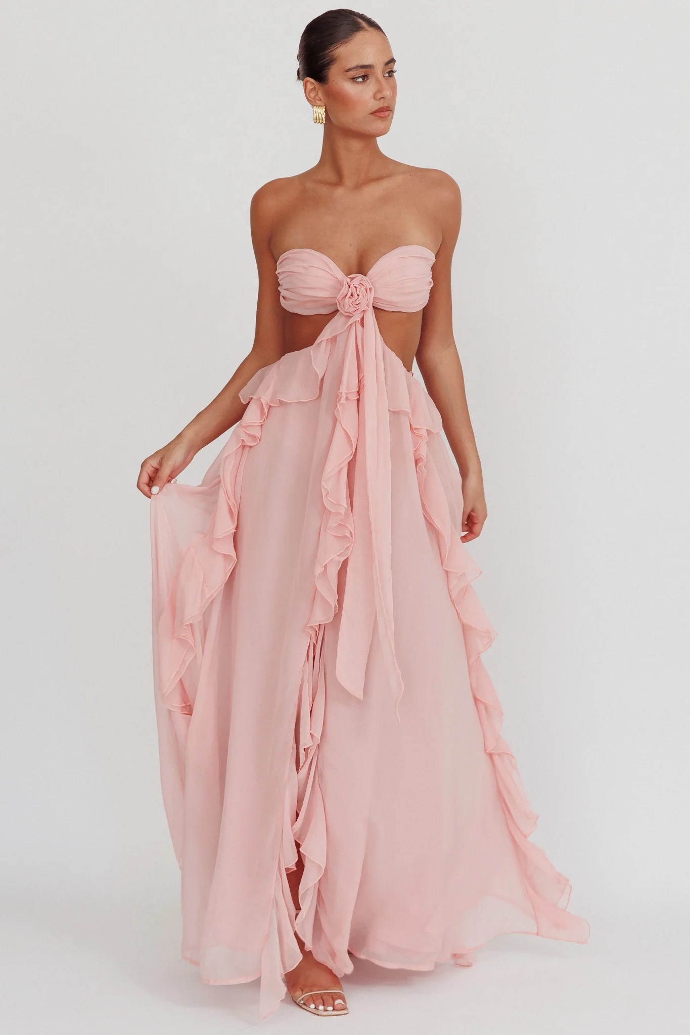 Sorella Ruffle Maxi Dress  Cut Out Rosette Chiffon Gown