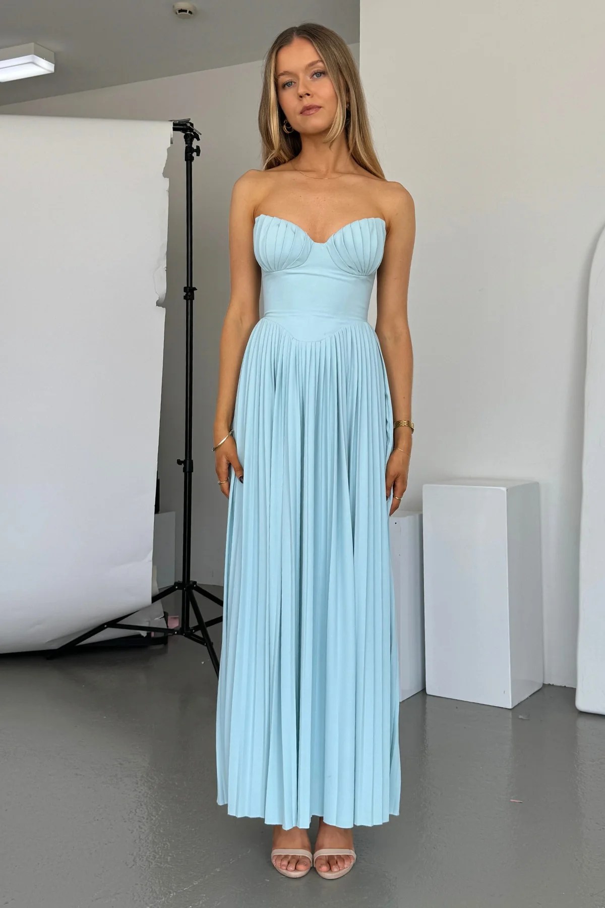 Sky Blue Pleated Maxi Dress with Strapless Corset Sky Blue Pleated Maxi Dress with Strapless Corset
