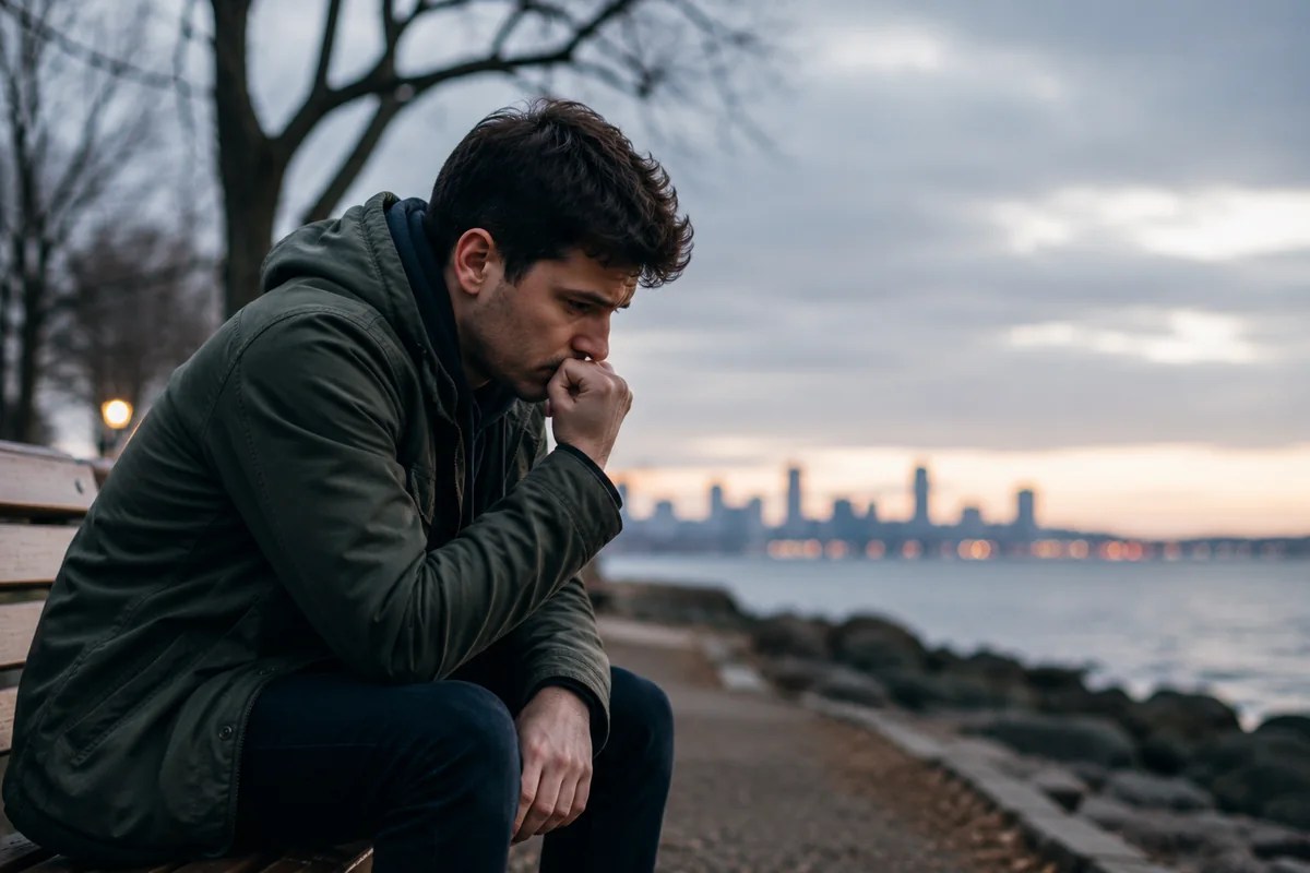 Man sitting alone by the water and reflecting on feelings of rejection