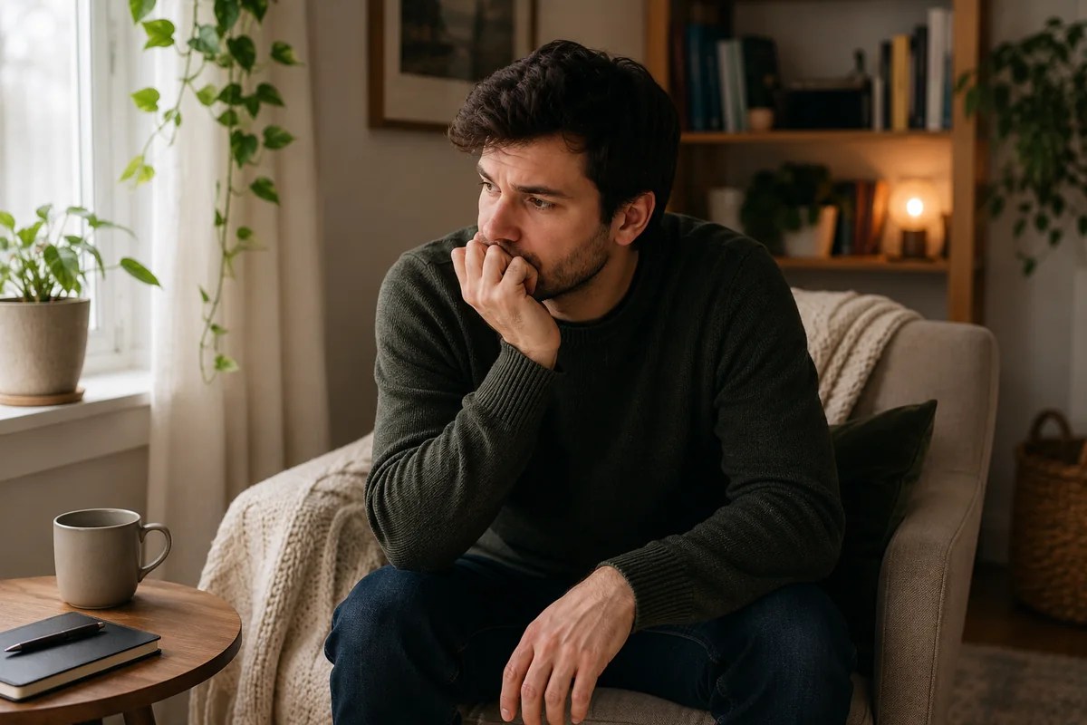 Man reflecting thoughtfully while struggling with guilt about setting boundaries